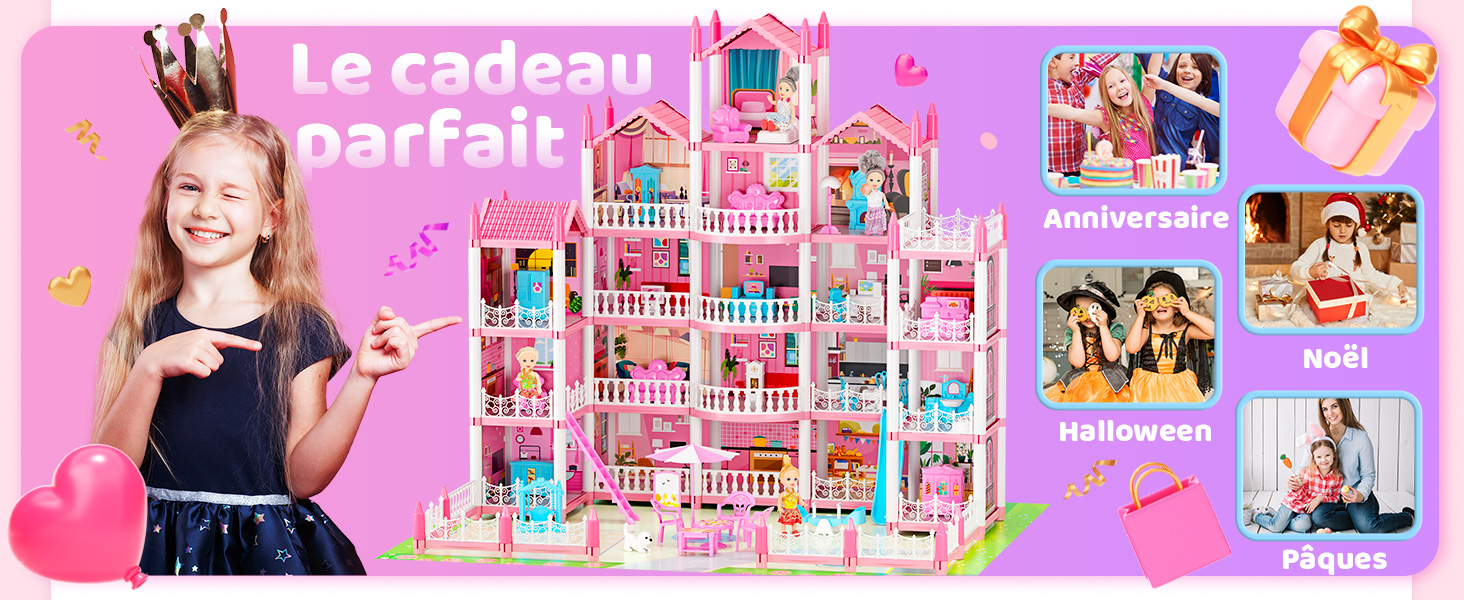Maison De Poupée 5 étages De Rêve – 19 Pièces, Lumières, 4 Poupées, Meubles Inclus, Aire De Jeux Extérieure, Pour Filles 3-16 Ans, Cadeau STEM