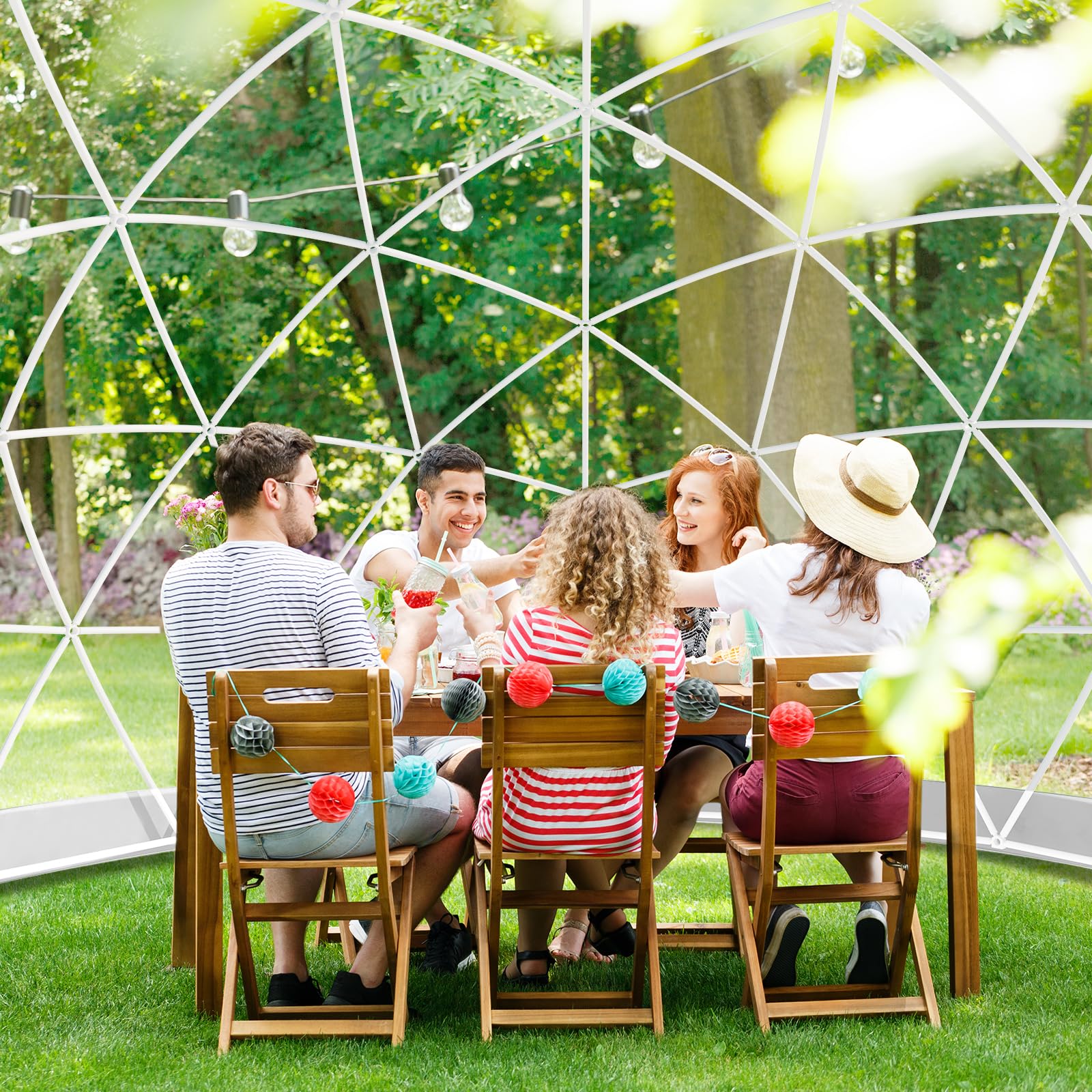 12FT Garden Dome lgloo, Geodesic Dome Greenhouse with PVC Clear Cover, Waterproof Garden Bubble Dome Tent House with 2 x 10M Light Strings for Outdoor, Patio, Backyard, Party (White, 9.7FT/2.9M)