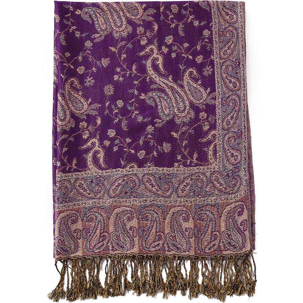 Becolored Paisley Flowers Borders Pattern Pashmina Silk Scarf Shawl Wrap Blanket Reversible Comfortable With Fringes, 15-purple, Large
