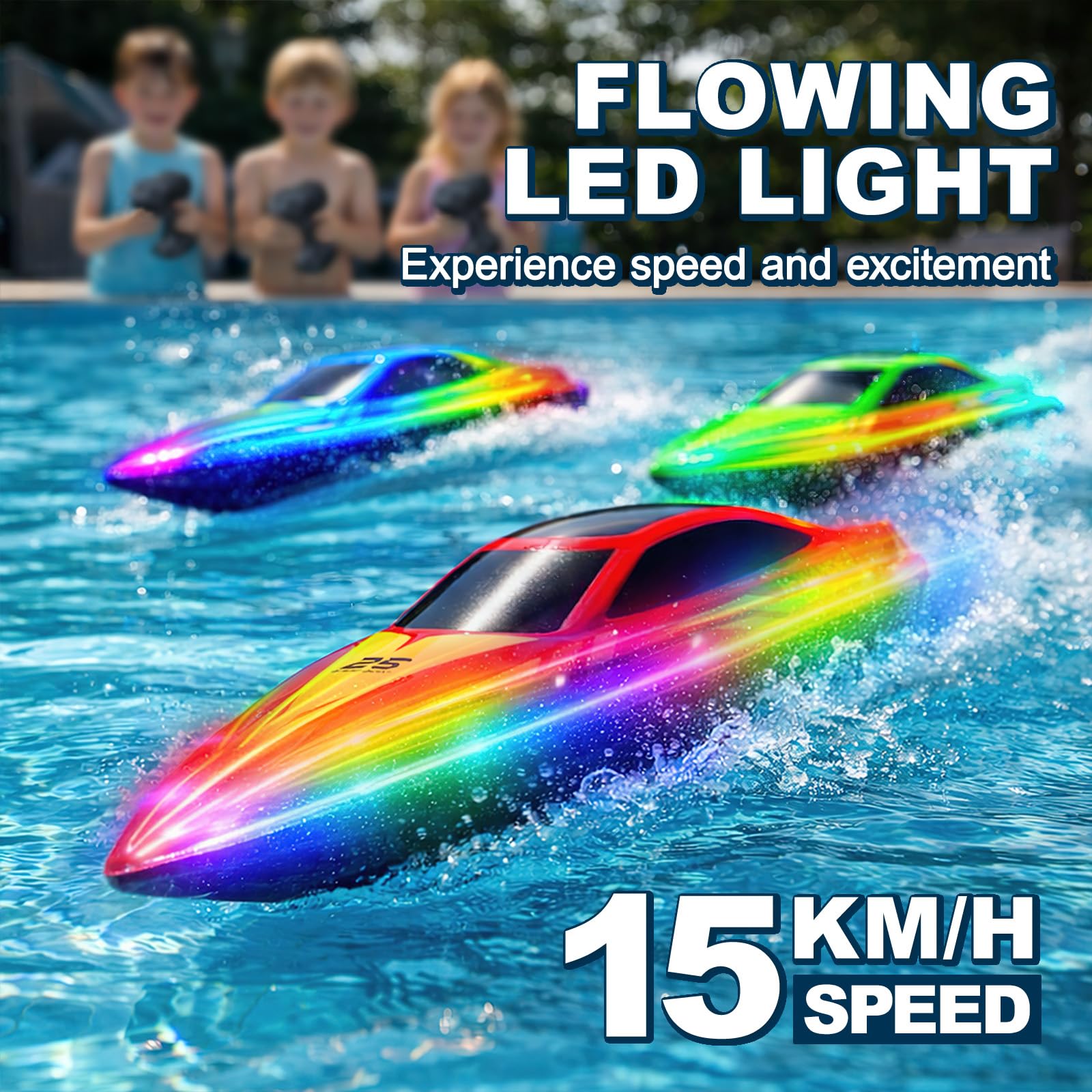 Ferngesteuertes Boot mit LED Beleuchtung, 2.4 GHz RC Boot, 15 km/h, Auto-Flip, 2 Akkus, Blau