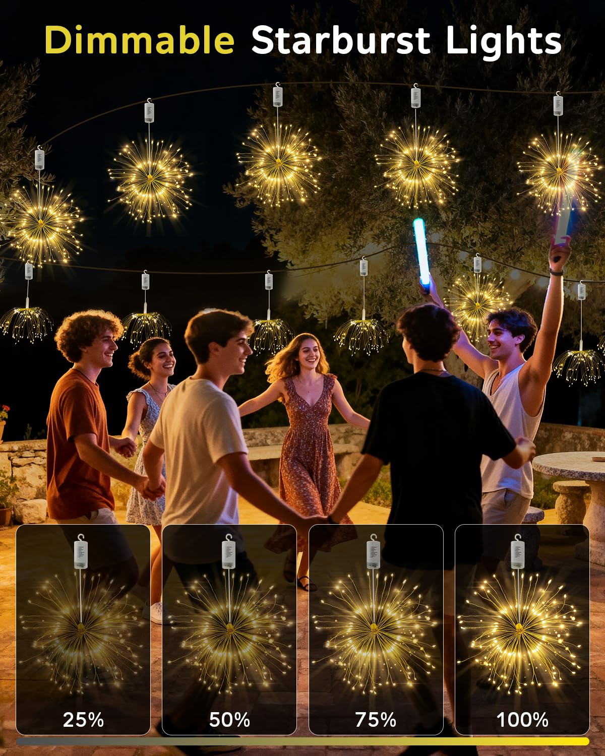 FOOING Luces de Fuegos Artificiales LED 120 LEDs, Guirnalda Colgante a Pilas con 8 Modos, Luces Decorativas para Navidad, Fiesta, Bodas, Ventanas, Jardín y Exterior