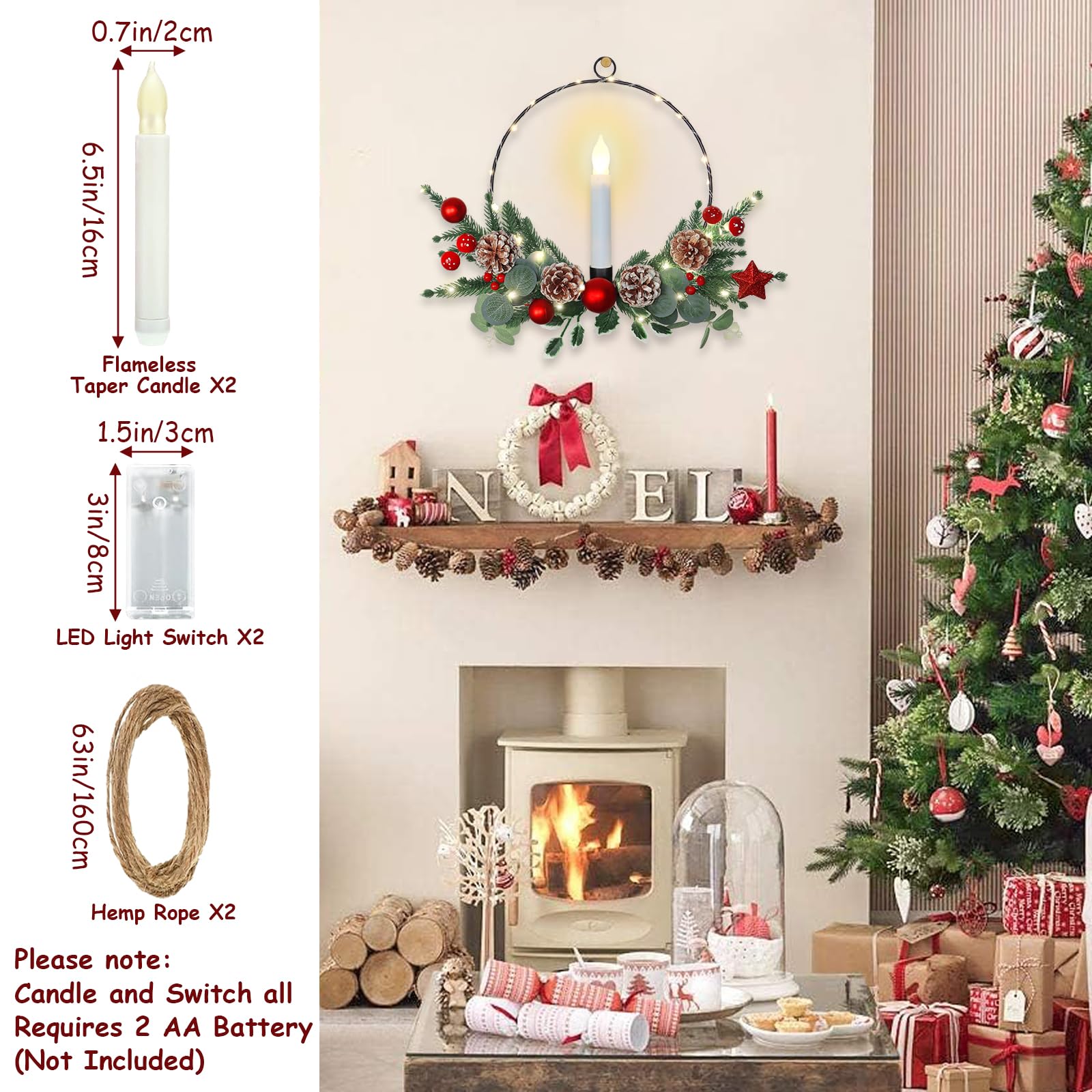Weldomcor Paquete de 2 coronas de Navidad con luces LED cónicas de vela cónicas de piño, bayas, corona de aro de plantas artificiales, decoraciones de Navidad de invierno para puerta delantera