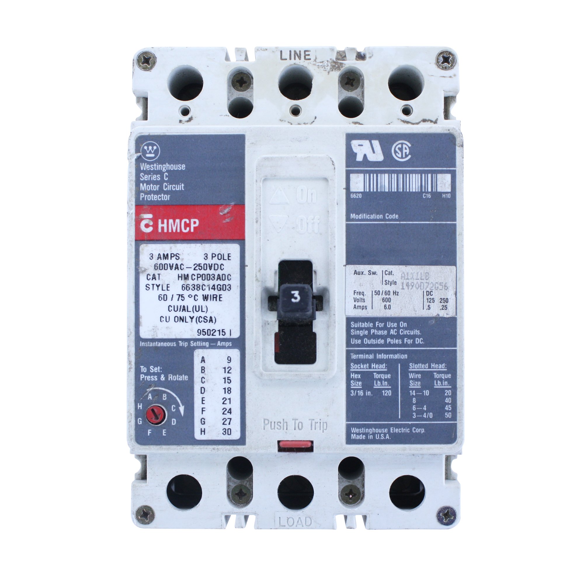EatonHMCP003A0C Circuit Breaker,3A,3P,600VAC,HMCP