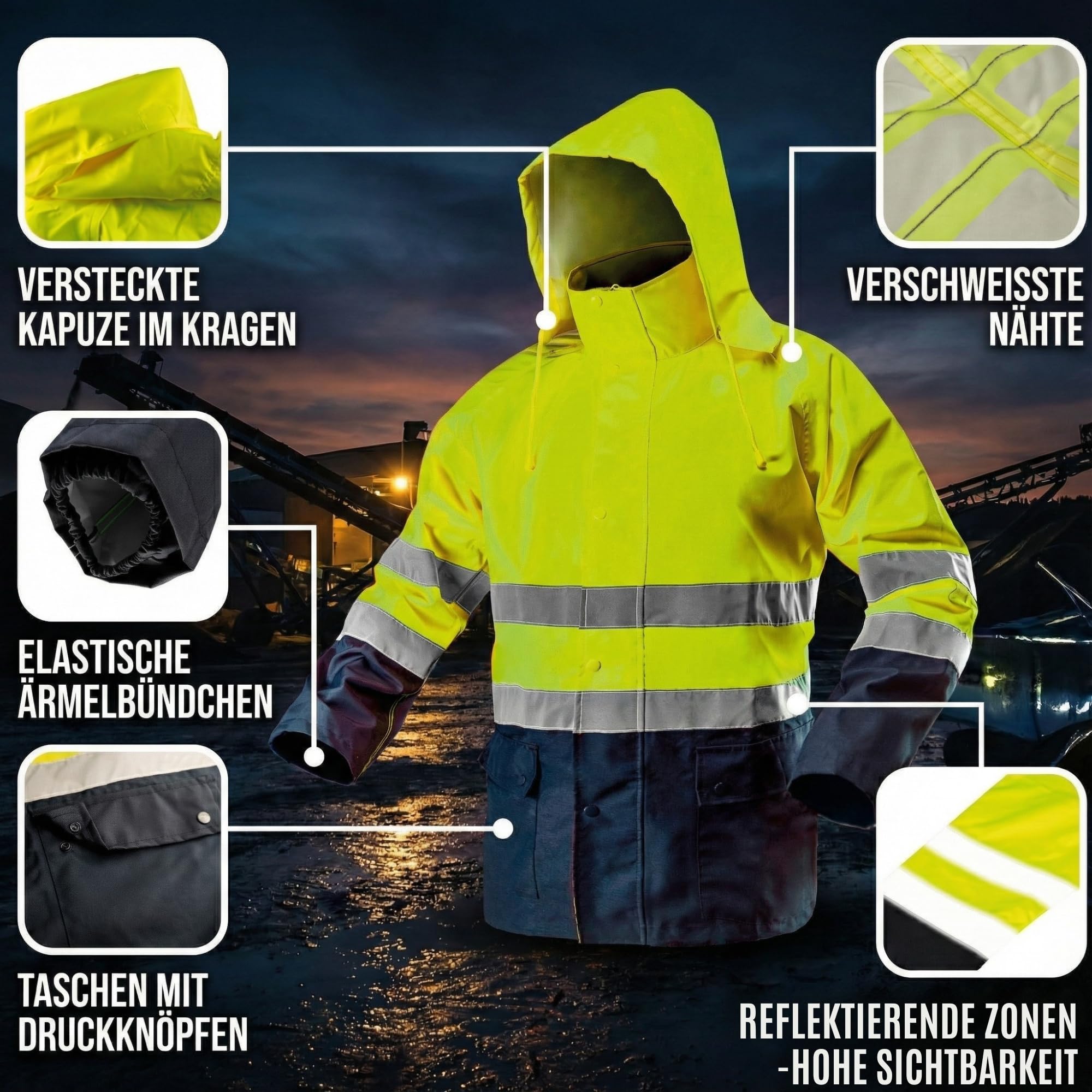 NEO TOOLS Herren wasserdichte Arbeit Warnschutzjacke mit Reflektionsstreifen Gelb oder Set mit wasserdichte Hose, Gr. S(48)-3XL(60) Arbeitsjacke aus strapazierfähigem 300D-Oxford-Gewebe