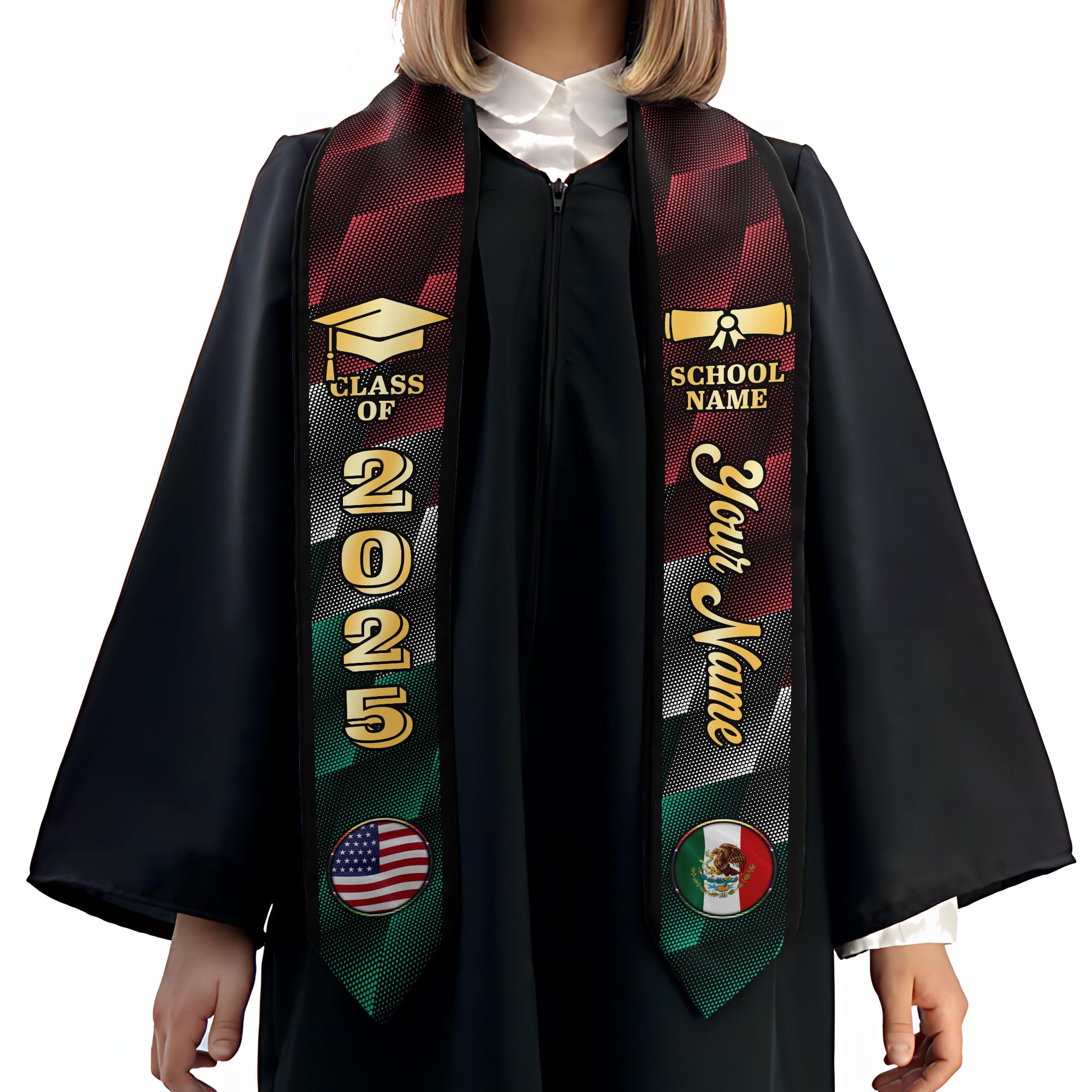 MonkeyVan Custom Mexican Graduation Sash Mexico Graduation Stole 2025 Mexican American Flag Graduation Sash Mexican Graduation M25