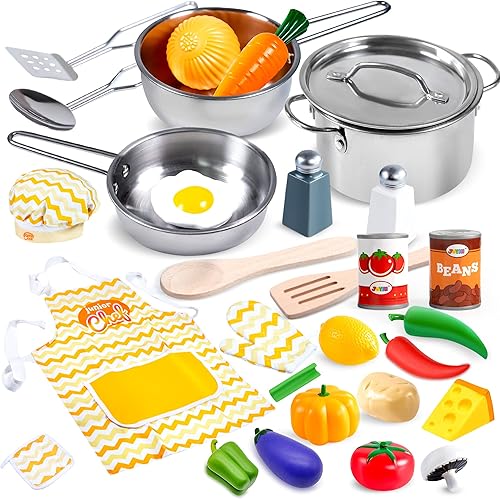 JOYIN Cocina de juego para niños juegos de juguetes de guardería para niños suministros de cocina para niños con utensilios de cocina de acero