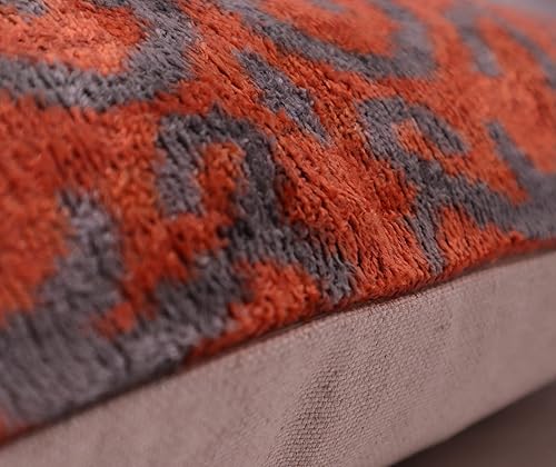 Miniatura 6 de Cojín decorativo hecho a mano con relleno de plumón, naranja rojizo y gris, funda de cojín lumbar de seda de terciopelo suave para sala de estar,