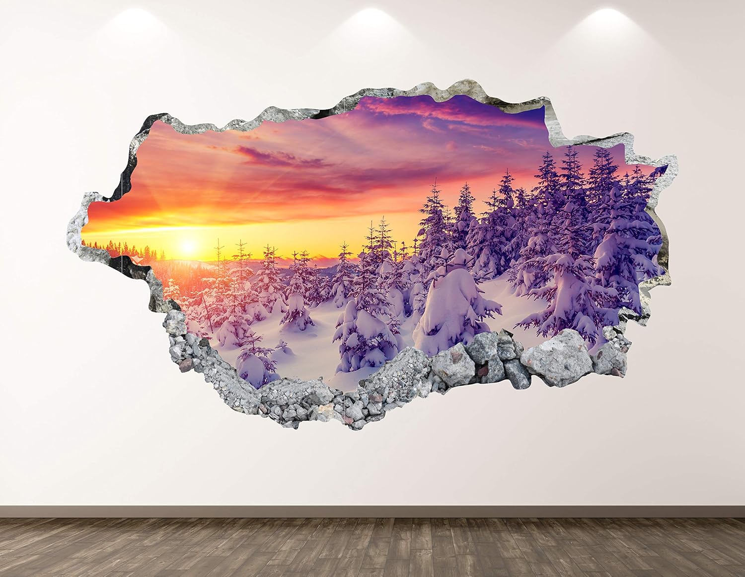 Carpathian National Park Wall Decal Art Decor 3D Smashed Fantastic Winter Landscape Magic Sunset in The Mountains A Frosty Day Sticker Poster Kids Room Mural Custom Gift BL2445 (30"W x 18"H)