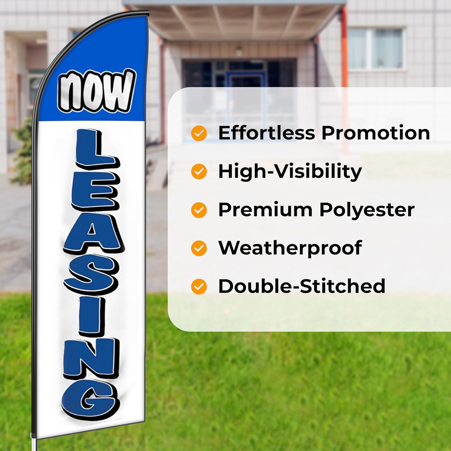 Now Leasing King Feather Flag Kit With Complete Hybrid Pole set- Pack of 3 | 2.5 ft by 12 ft Flags for Apartments, Real Estate, Property Management Advertising | Weatherproof Now Leasing Flags (Blue & White) | Outdoor Signs ( With Complete Hybrid Pole set )
