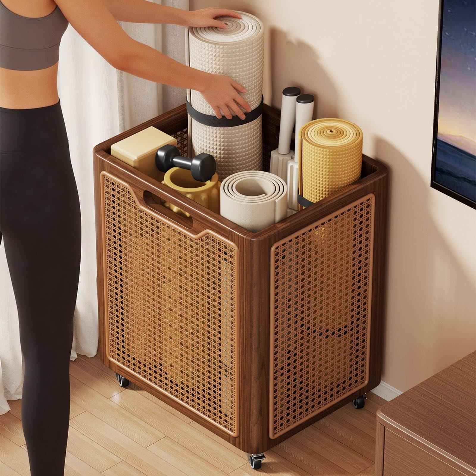 Milageto Scaffale Attrezzatura Fitness Carrello con Maniglie Contenitore Mobile Supporto in Legno con Pannelli a E Ruote Lisce Adatto per Salotto Camera da Letto Palestra Domestica 40cmx33cmx50cm
