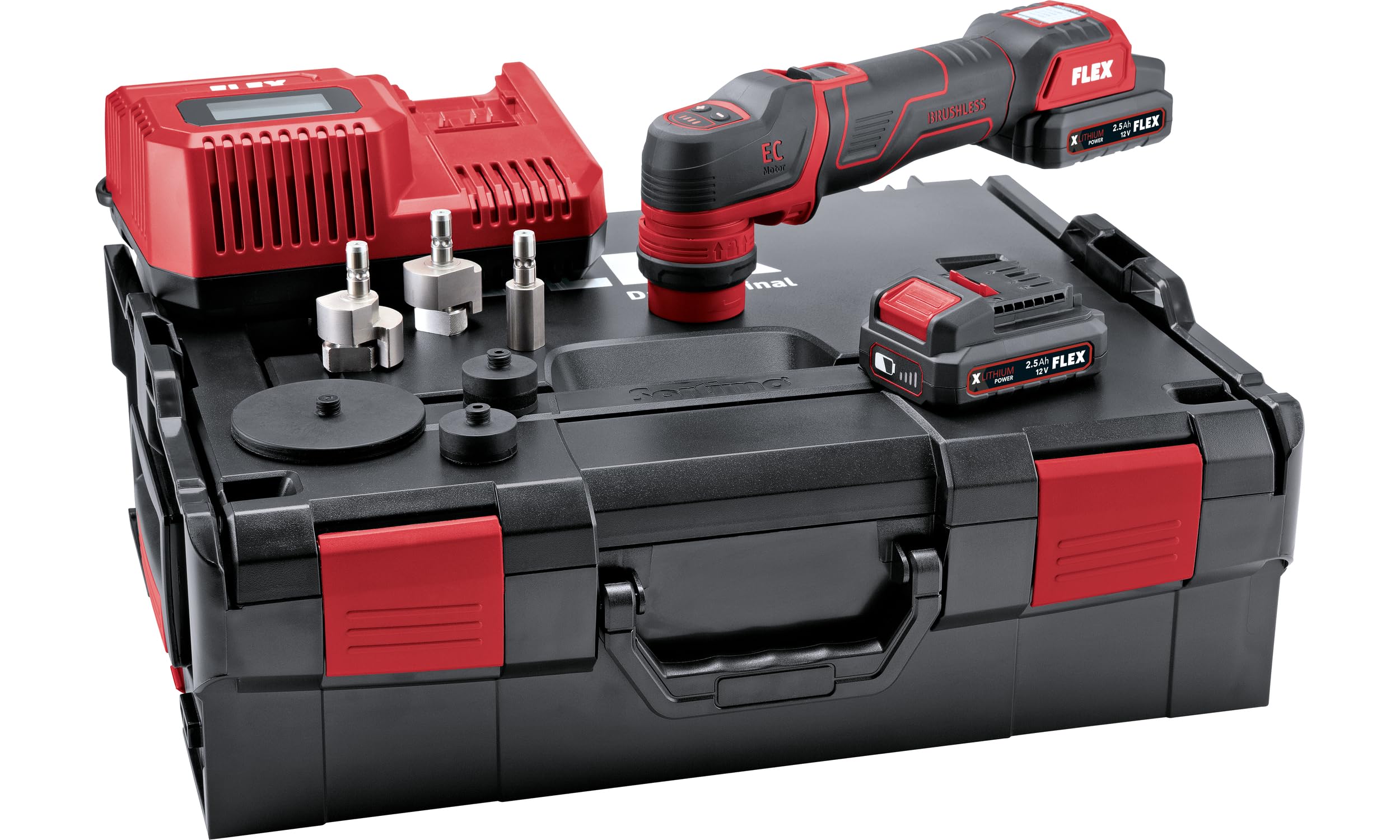 FLEX Polisseuse sans fil PXE 80 12-​EC / 2.5 Set (polisseuse sans fil 12 V, rotative et excentrique, polisseuse avec 2 batteries 2,​5 Ah 12 V, chargeur rapide et de nombreux accessoires) 532268