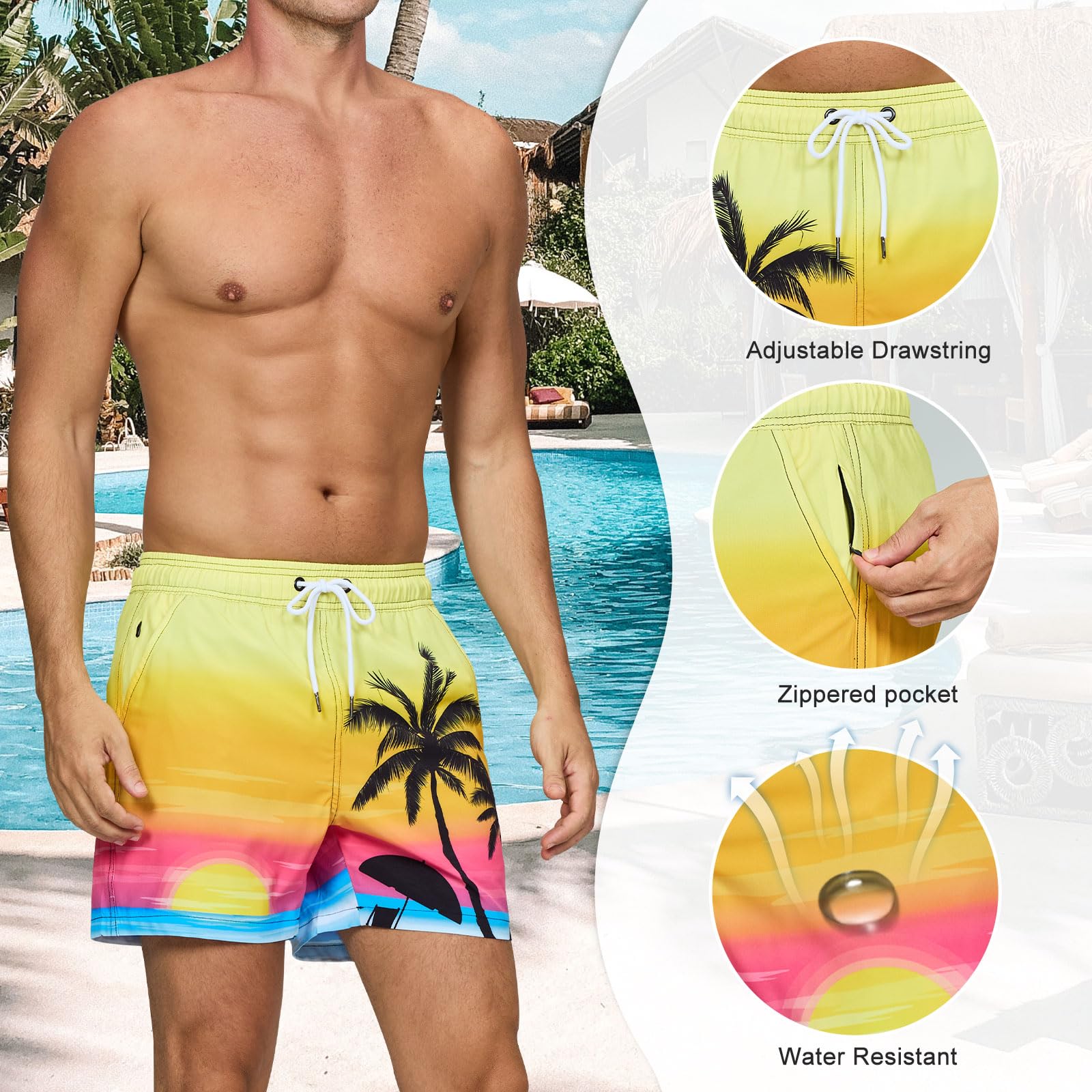 Maillot de Bain Homme Séchage Rapide Short Imprimé D'été Short de Bain Plage avec Poche Zippée et Respirant Doublure en Maillots