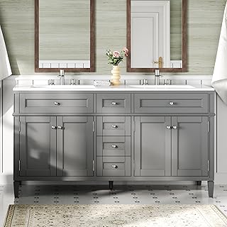 AMERLIFE 60″ Bathroom Vanity with Sink Combo & 3 Storage Drawers | Grey Modern Double Sink Vanity, 30-Min Quick Assembly, Solid Wood Vanity Cabinet, Adjustable Shelves