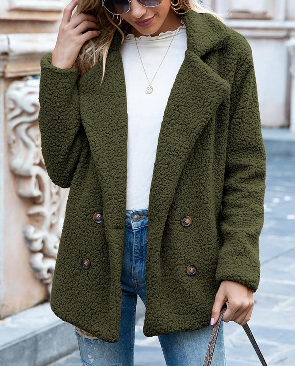 Women's Winter Warm Plush Cardigan Fuzzy Fleece Lapel Jacket with Buttons Pockets Long Sleeve Casual Outerwear - Image 3