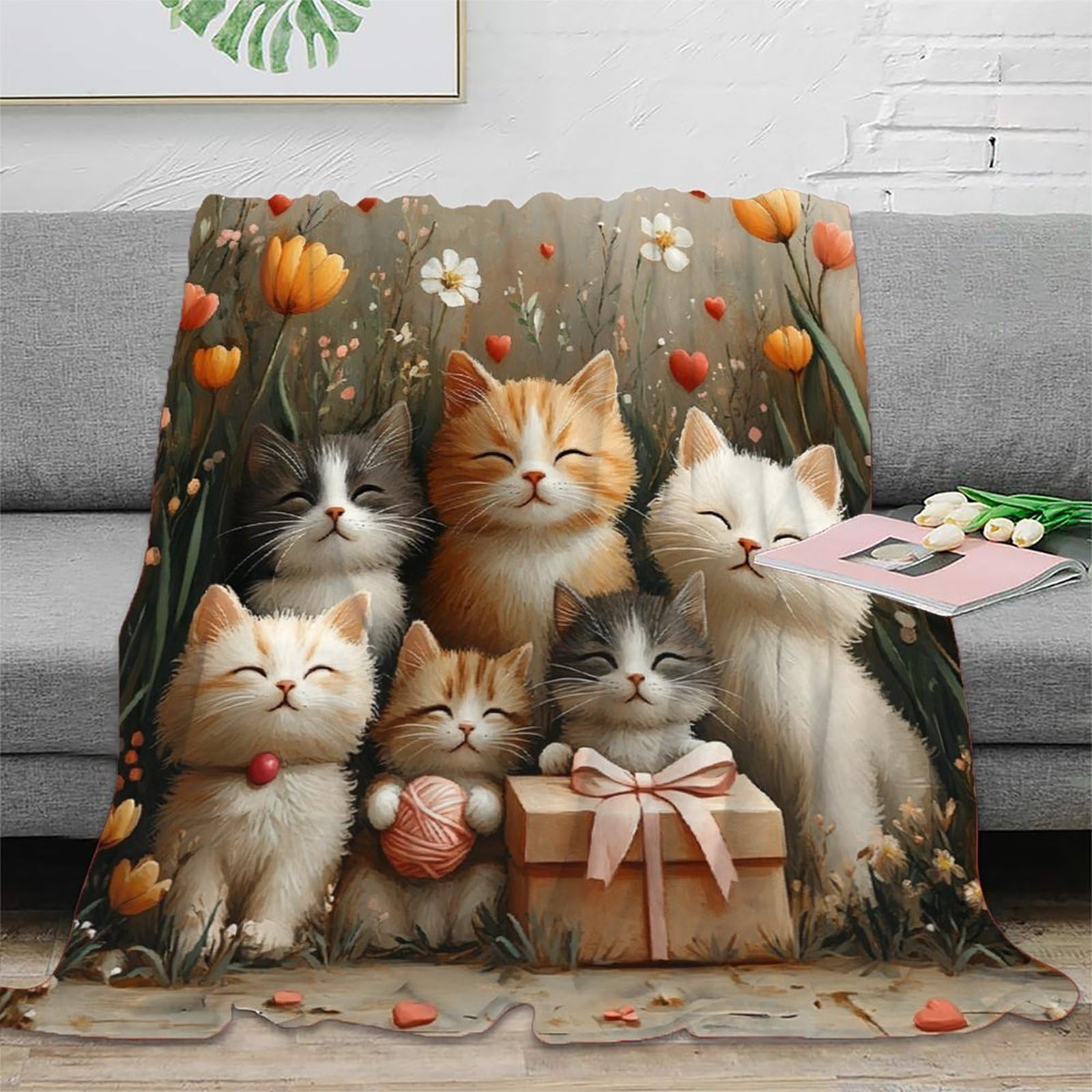 Couverture imprimée 3D chaton fantaisie et plaid microfibre chaud