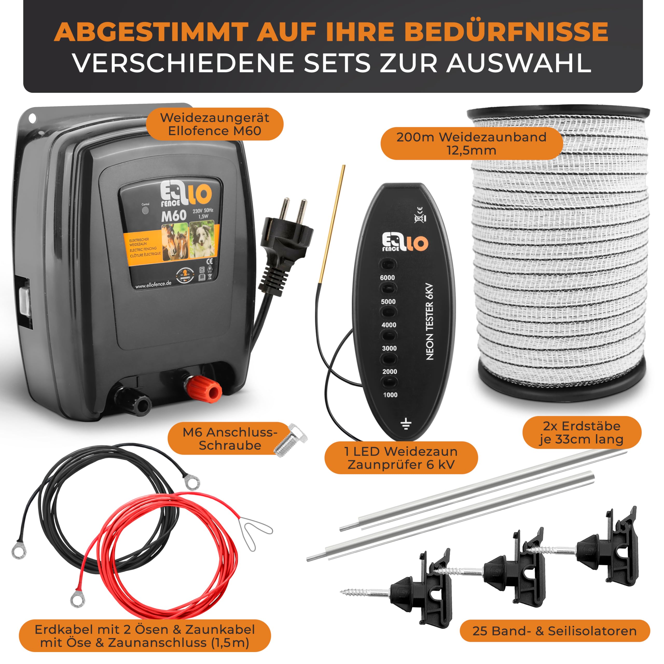 Weidezaun Set für Pferde | 230V Komplettset mit 200m Weideband | Für einen zuverlässigen Pferdezaun | Inklusive Weidezaungerät 230V, Erdung, Isolatoren und LED Zaunprüfer