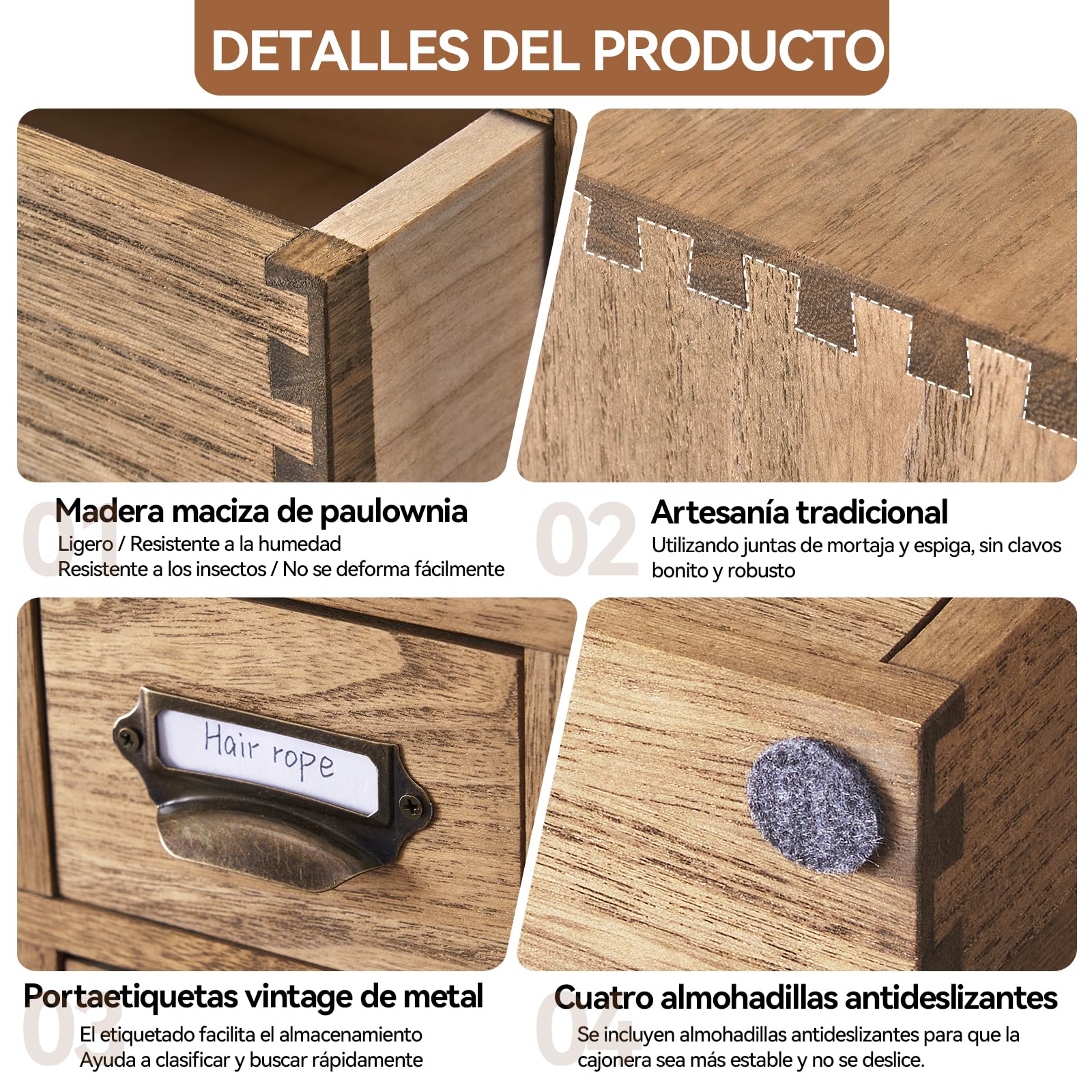 KIRIGEN Cajonera de Madera, Caja de Escritorio, 9 Cajones, Marrón Oscuro | Paulonia maciza; 36 x 16 x 26,6 cm; tiradores metálicos; clasifica material de oficina y objetos pequeños
