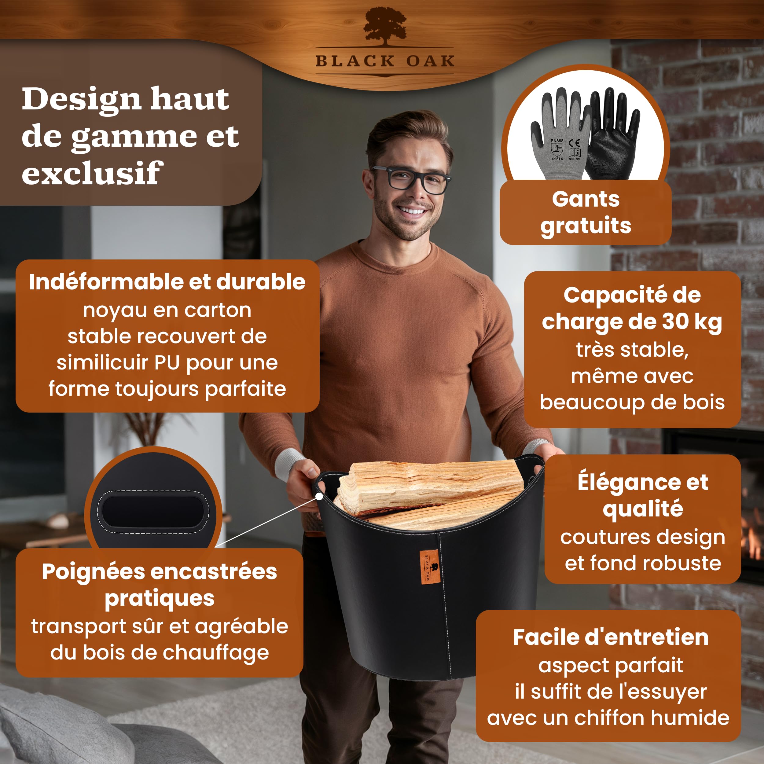 BLACK OAK DAKOTA L 40L Panier pour bois de cheminée en cuir synthétique noir - Capacité de charge 30kg - 40 litres 40x38x32cm - Panier pour bois de cheminée en bois Sac pour bois de chauffage Panier