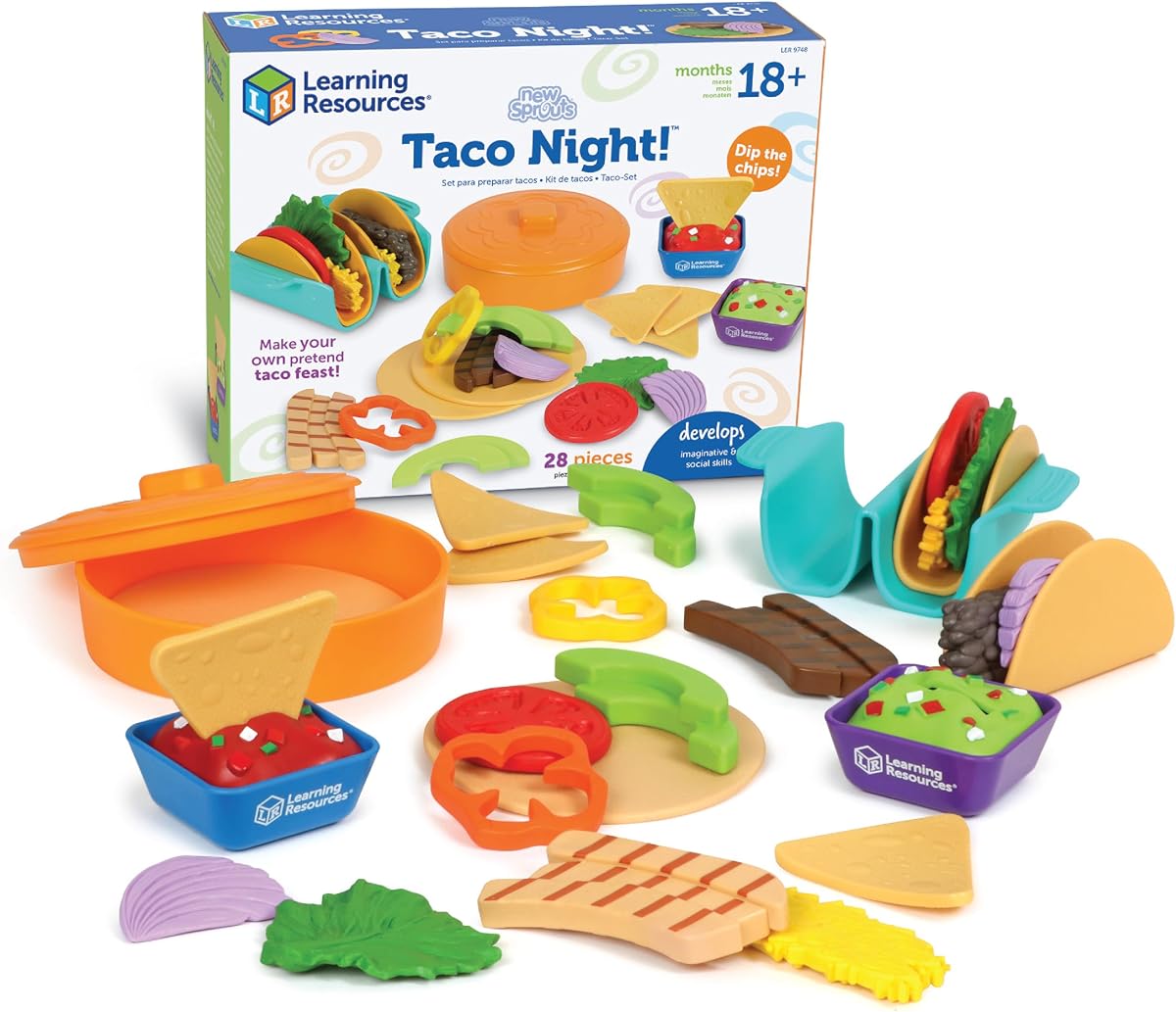 Recursos de aprendizaje Noche de tacos de nuevos brotes: simular comida de juego para niños pequeños, juguetes Montessori, habilidades imaginativas y sociales, cocina de comida de juego, accesorios de supermercado, regalos para niños y niñas
