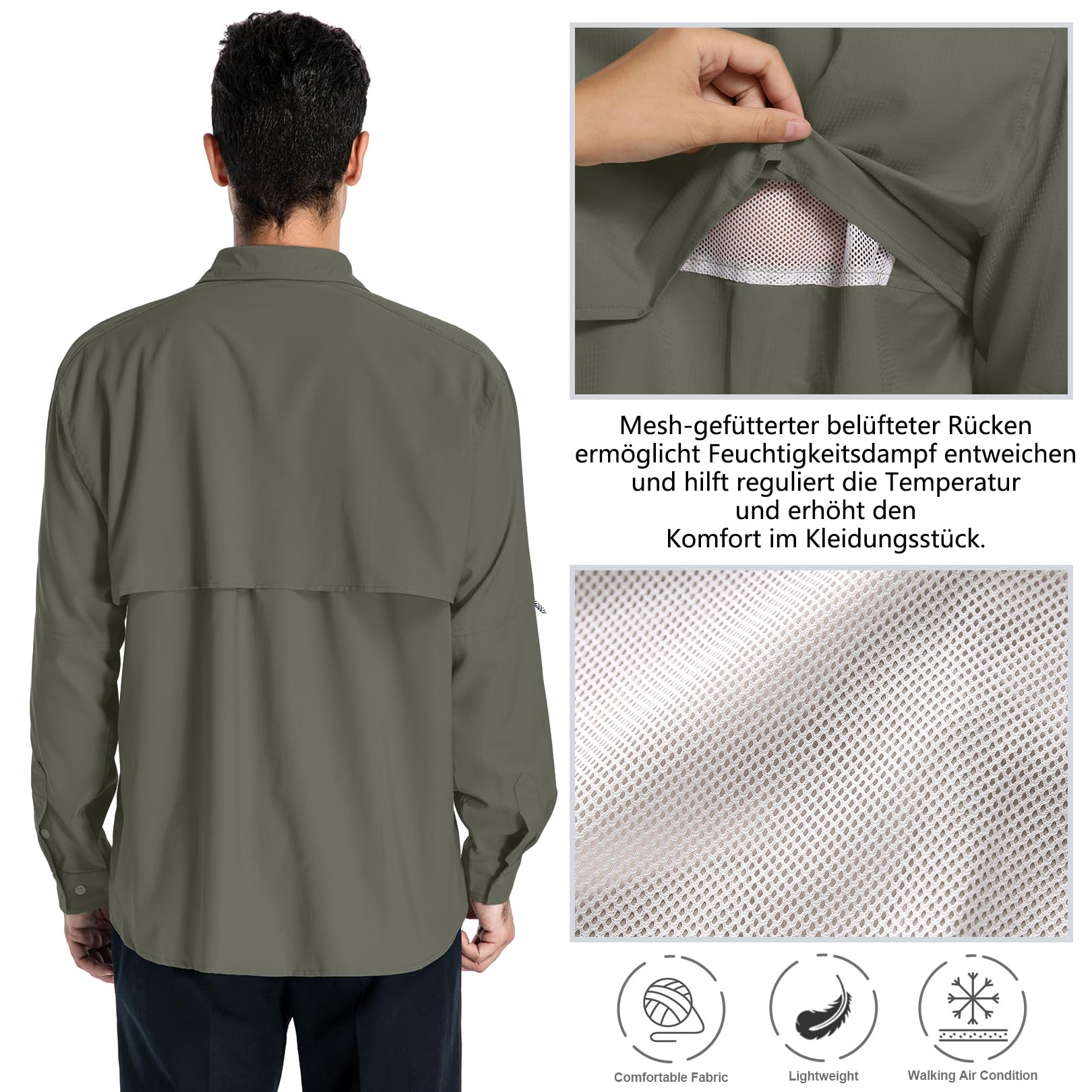 yeyity Camisa de exterior para hombre, manga larga, UPF50+, protección UV, transpirable, de secado rápido, para senderismo, pesca, trekking