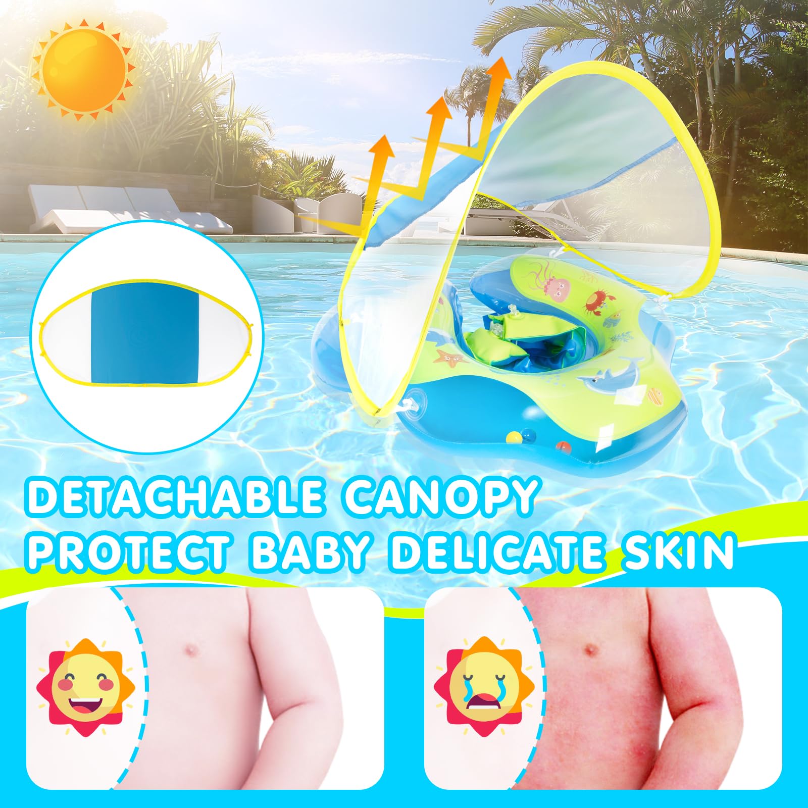 Baby Schwimmring mit abnehmbarem Sonnenschutz und Glöckchen, inklusive 1 x Handpumpe und 2 x Reparaturaufklebern. Kinderfreundliches Design, geeignet für Kleinkinder von 6–36 Monate