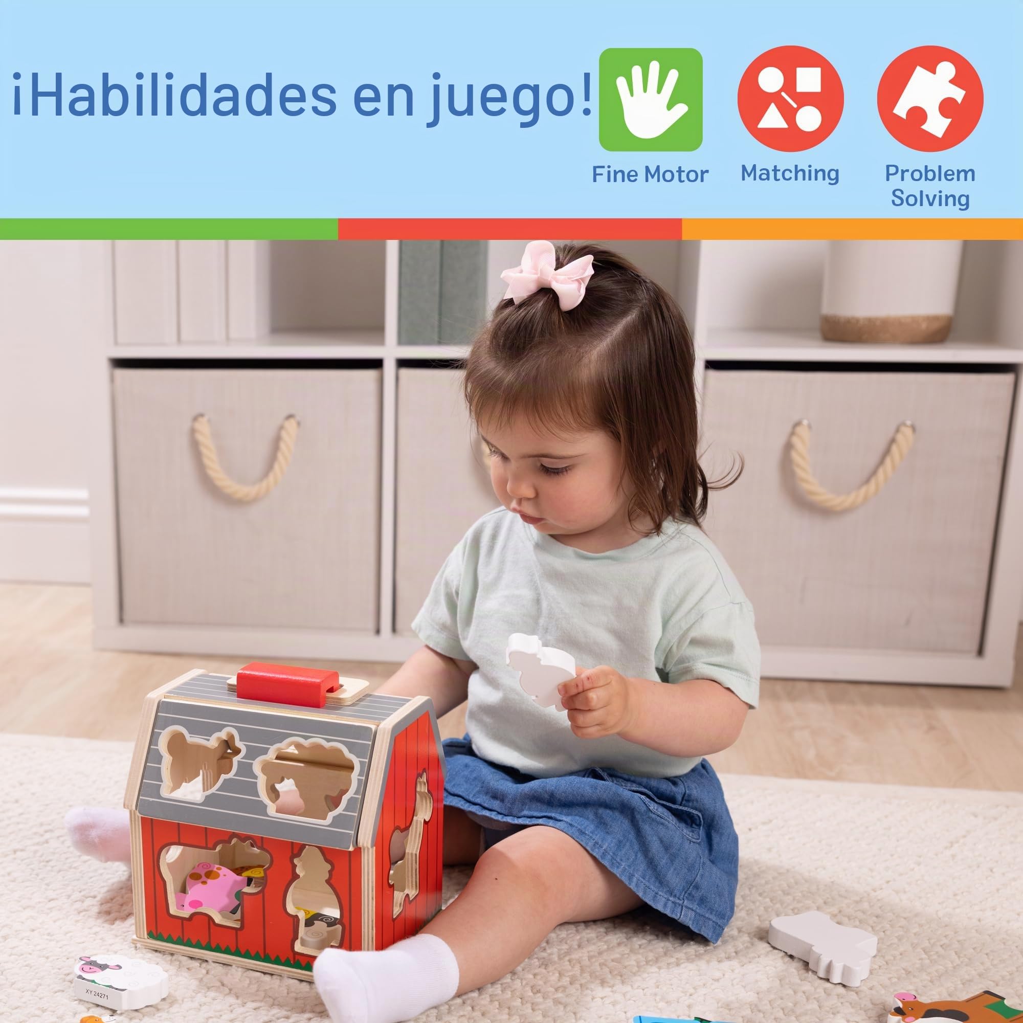 Melissa & Doug - Juguete de establo portátil de Madera, para clasificar, con tejado Que se Levanta, con asa y 10 Piezas de Juego de Granja de Madera | Granero de clasificación de madera portátil, 10 animales de granja y agricultor, juego inspirado en Mont