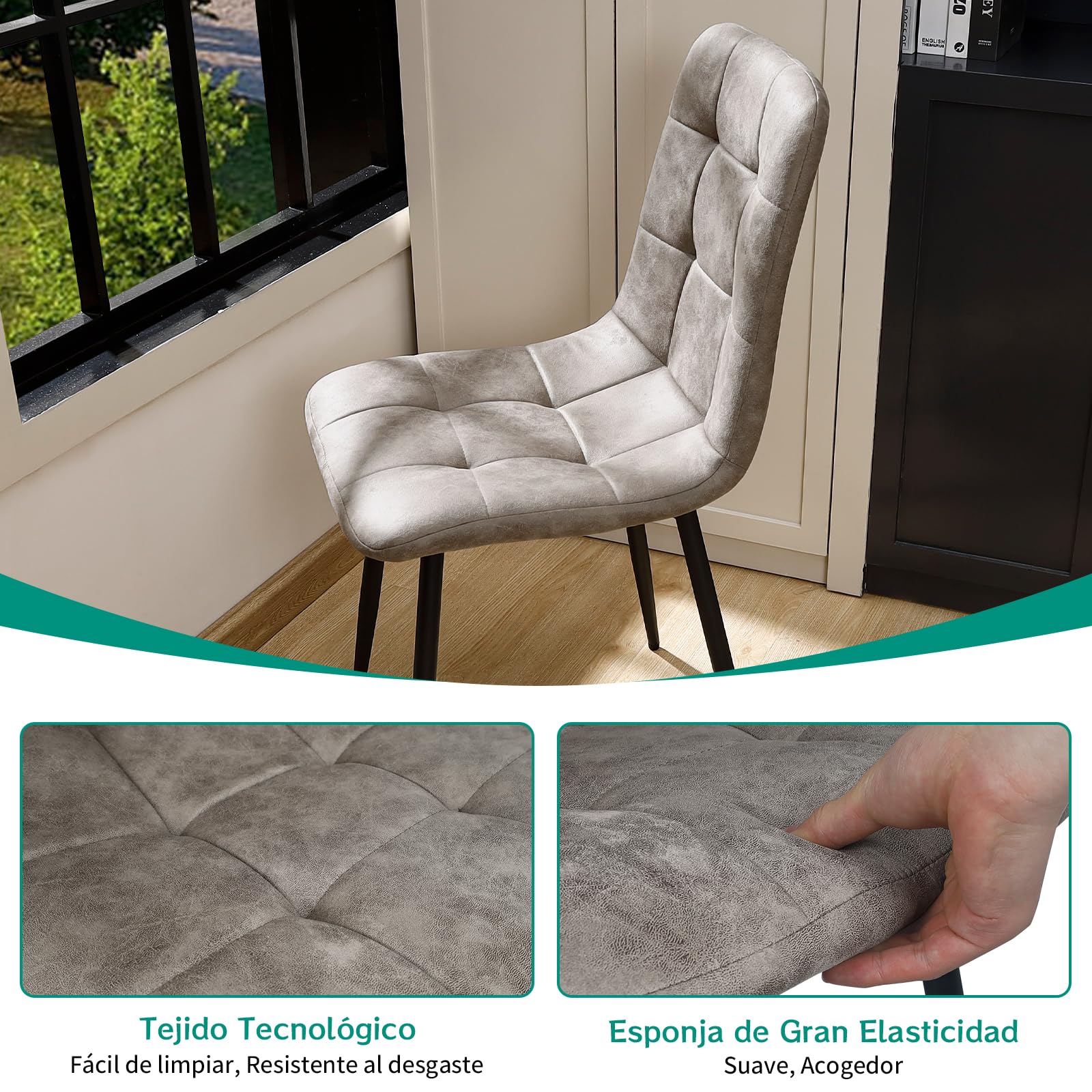 JIJIAN Pack de 4 Sillas de Comedor en Tejido Tecnológico, Caqui | Sillas de Cocina con Patas Metálicas Negras, Soportan hasta 120 kg, Sillas Tapizadas Modernas para Comedor, Salón y Cocina