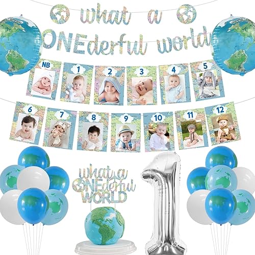 What a Onederful World - Decoraciones de primer cumpleaños para niños, decoraciones de viaje por todo el mundo, suministros de fiesta de cumpleaños,