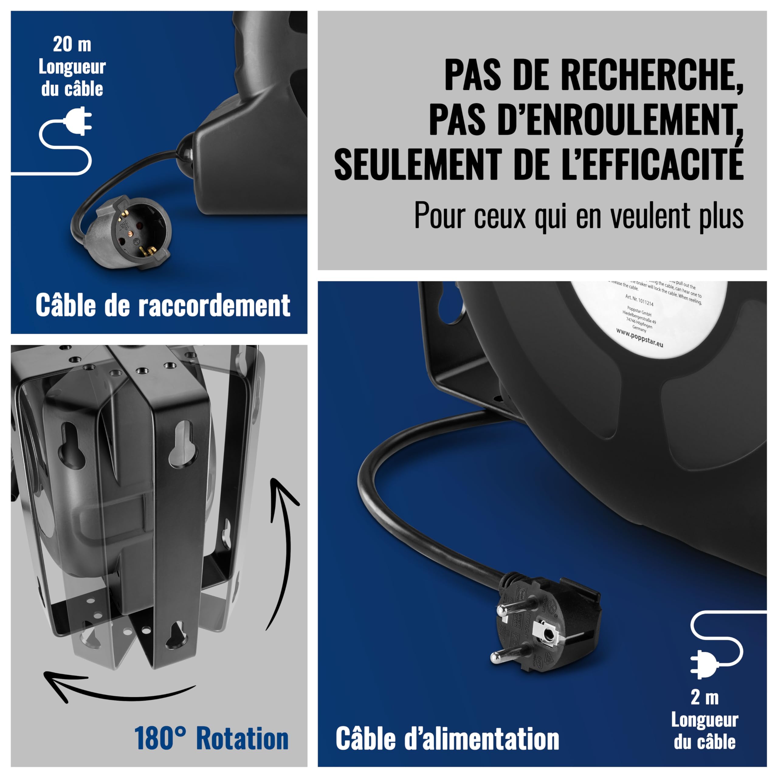 Poppstar Enrouleur de câble électrique automatique 20m + 2m (max. 3000W) Tambour de câble automatique auto-enroulant IP20 avec interrupteur thermique