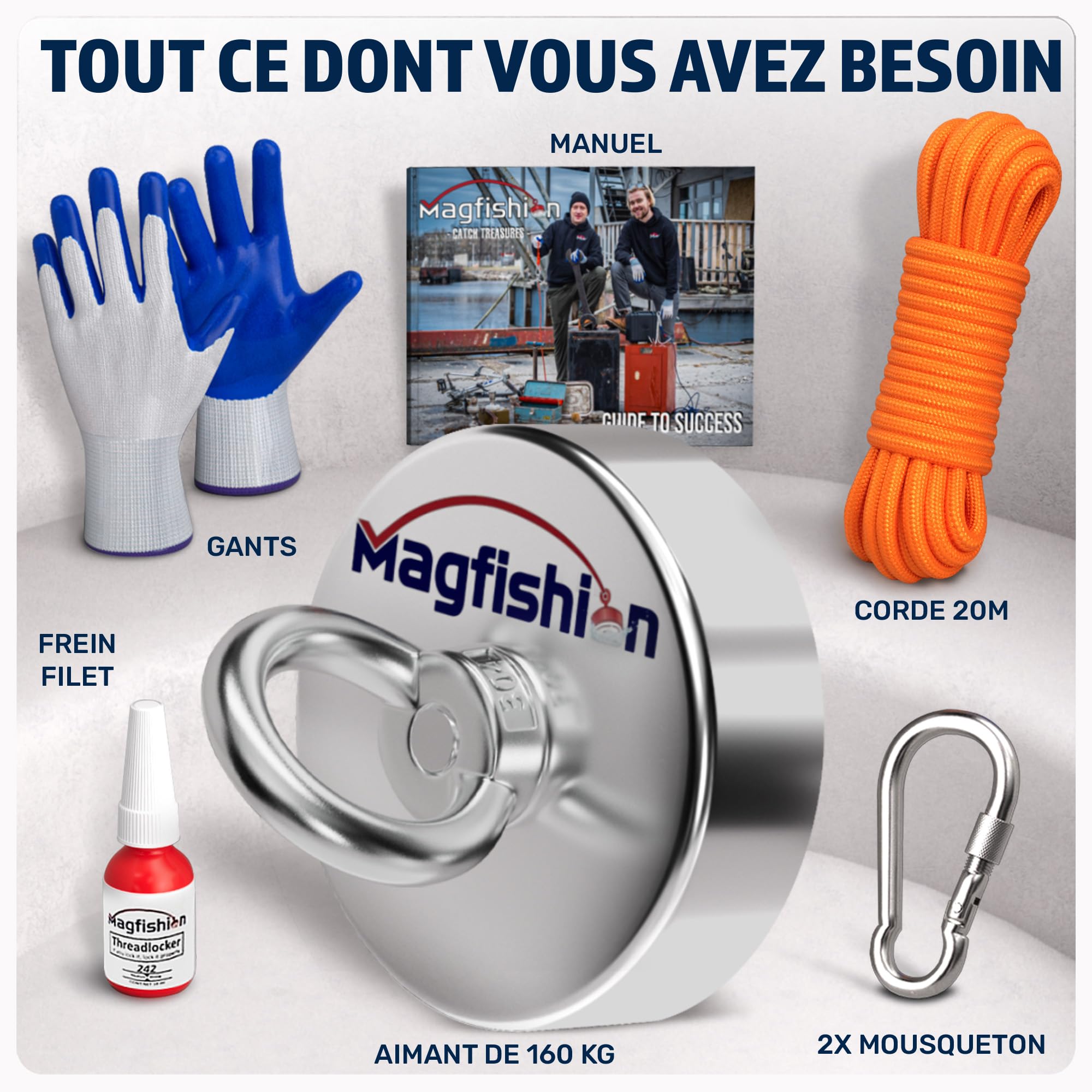 MAGFISHION Aimant Neodyme Puissant - 160 KG - Aimant de Pêche - Ø60mm - Peche a l'aimant avec Corde (20M) et Gants - Kit de Pêche Super Magnétique