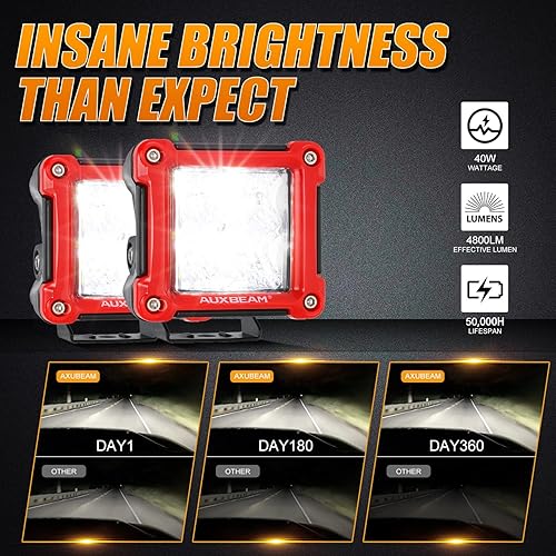 Miniatura 5 de Auxbeam Cubierta de luces de cubo de 3 pulgadas + cubos LED Auxbeam de 3 pulgadas y 40 W, 4800 lúmenes, arnés de cableado cuadrado de 2 piezas, haz