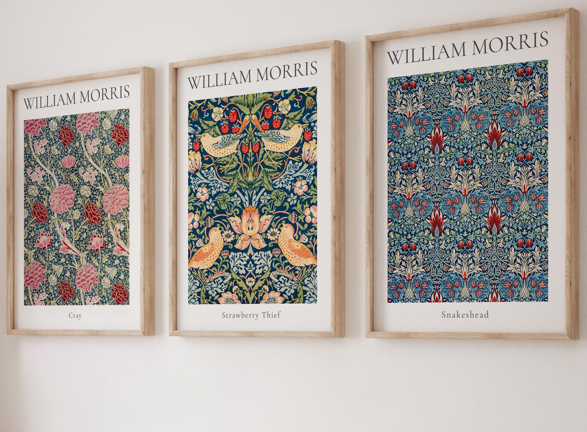 William Morris Set of 3 Unframed Prints, Art Nouveau Home Decor, Vintage Art, Botanical Flower Poster, Digital Art, Cray Strawberry Thief Snakeshead (A2)