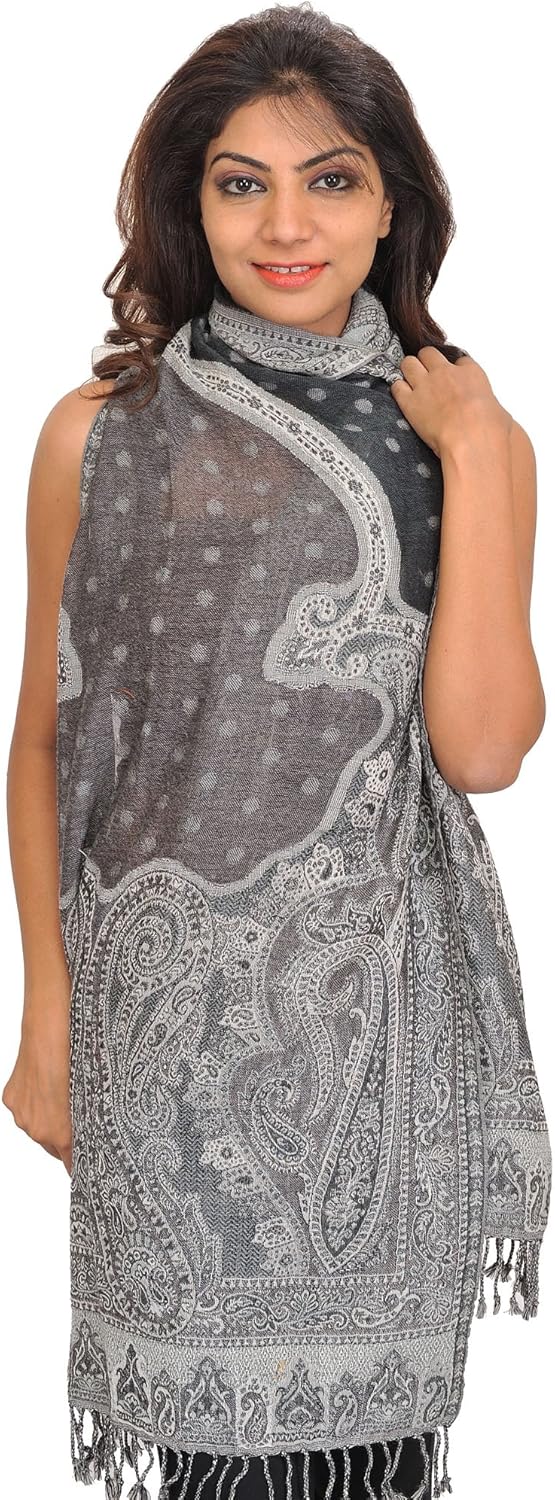 Exotic India Cutwork Jamawar Stole with Woven Paisleys