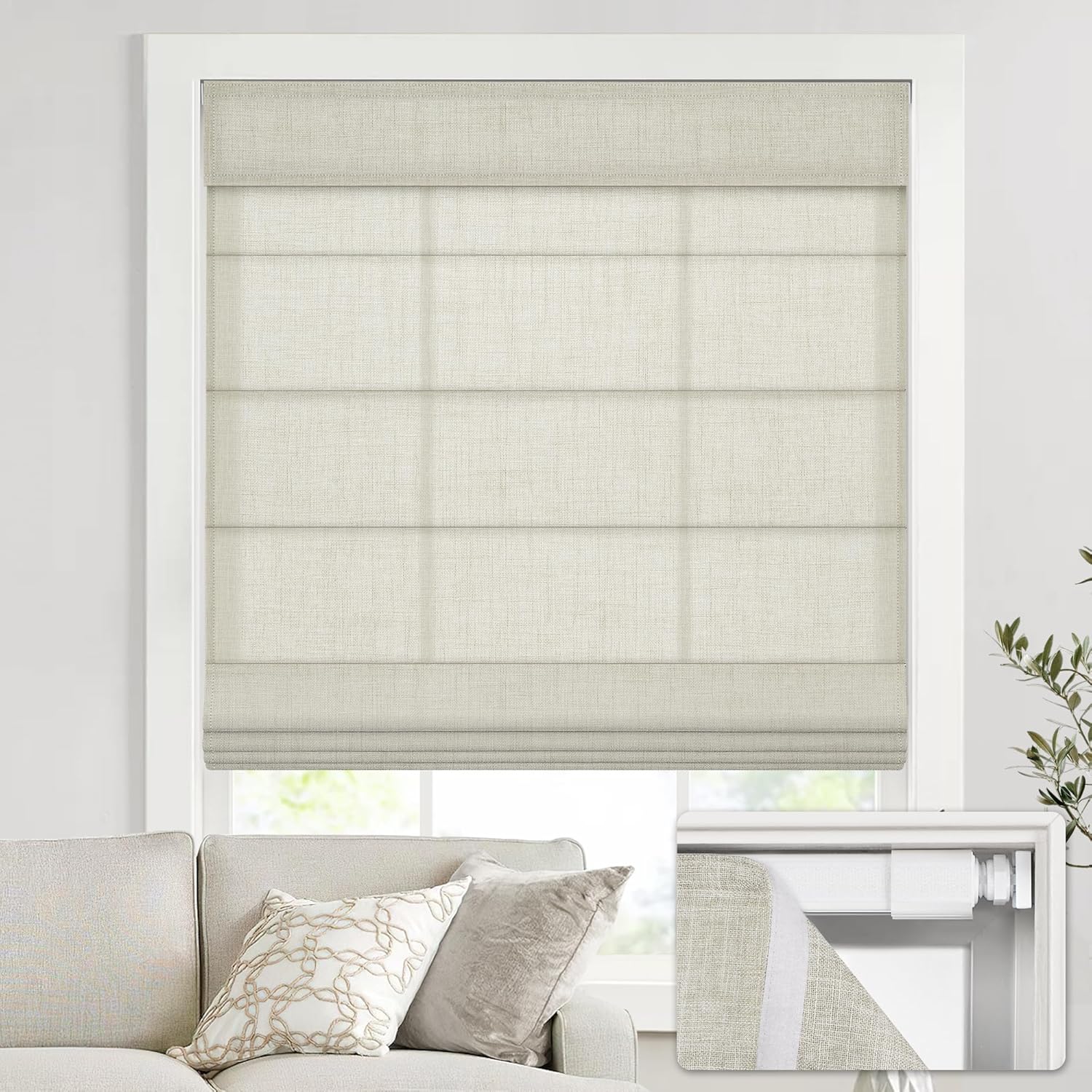 no Drill Cordless Roman Shades for Windows, 22" W × 64" H - Light Filtering - Linen - Beige Light Filtering - Linen - Beige 22" W × 64" H