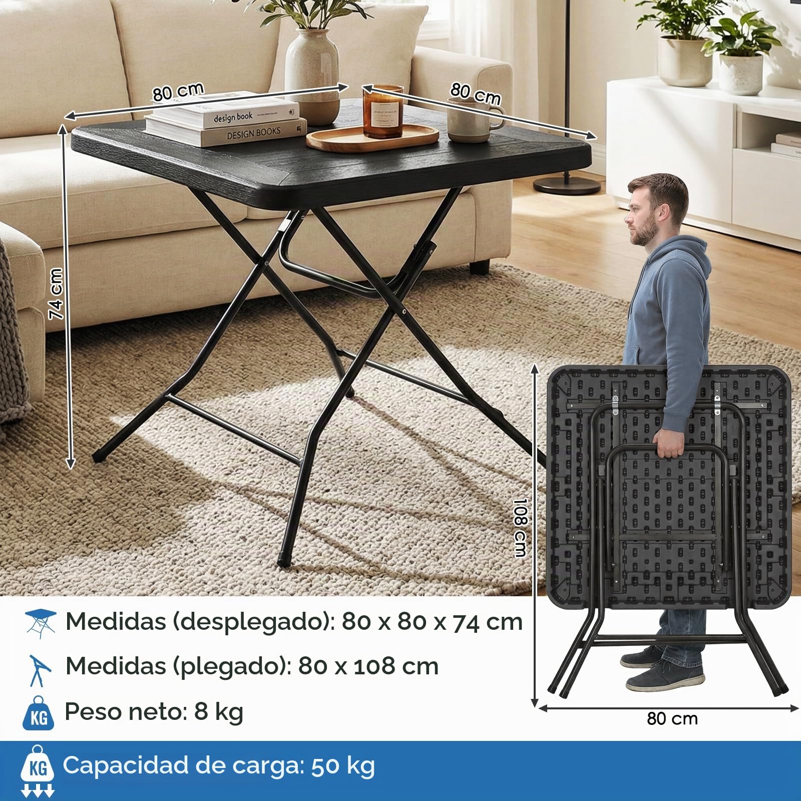 Mesa de Jardín 80 x 80 x 74 cm, Mesa Plegable Portátil, Estructura de Acero y Espesar HDPE, Resistente a la Intemperie, Mesa de Camping, Carga de 50kg, Mesa Exterior e Interior para jardín, Terraza