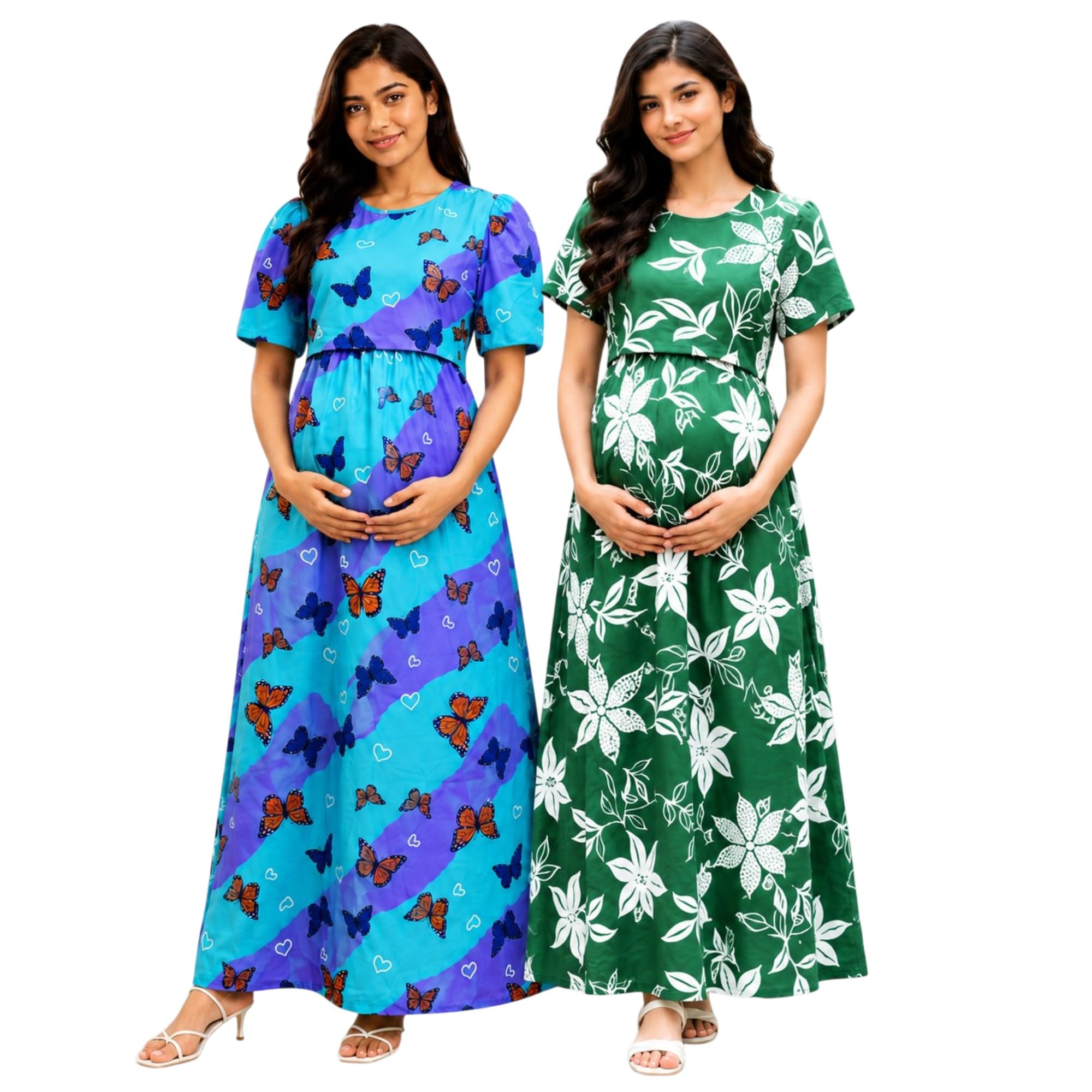 RENIS.Store Women's 100% Cotton Zipless Feeding Maternity Nighty Pack of 2 | Pull Up Nursing Night Dress, Feeding Wear Back Tie with Side Pocket | Sky Blue & Green Color | Size - M-image-29