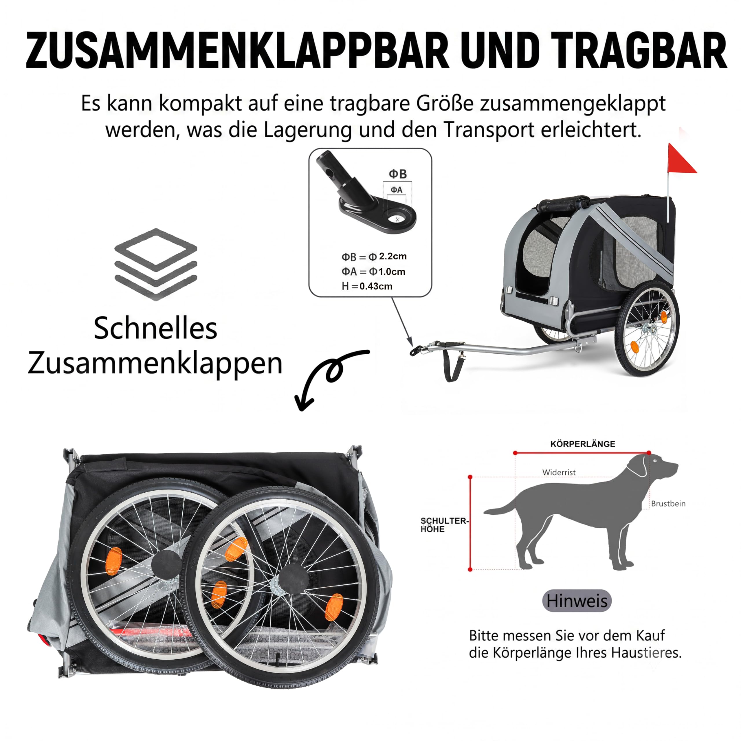 Hundeanhänger Fahrrad XL, Faltbarer Hundefahrradanhänger mit 20" Luftreifen, robuste Oxford Belüftungsfenster, Stabiler Fahrrad Anhänger mit Sicherheitsdrehkupplung, Grau