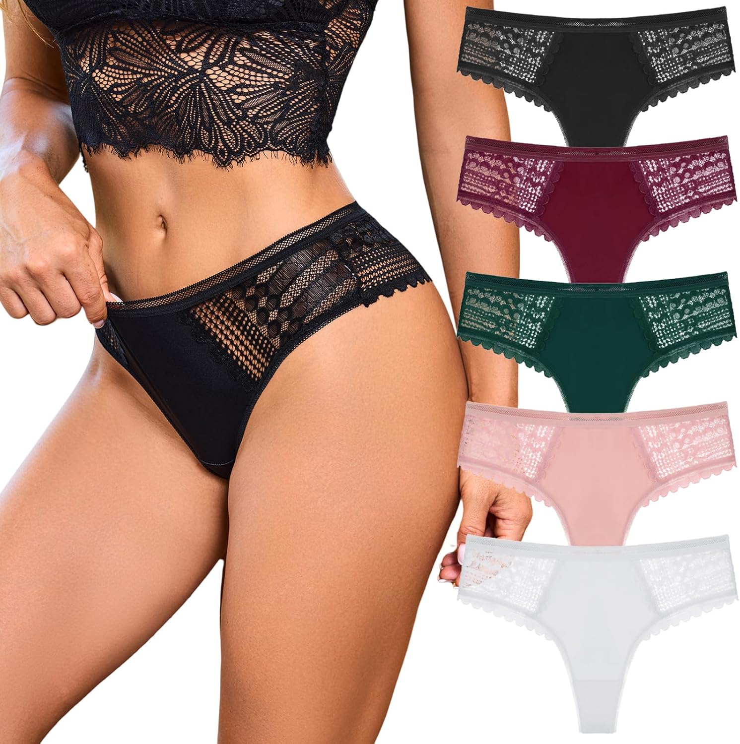 Women's Lace Thongs Underwear 5 Pack Sexy Soft No Show Bikini Panties Stretch Breathable Black Thong For Women