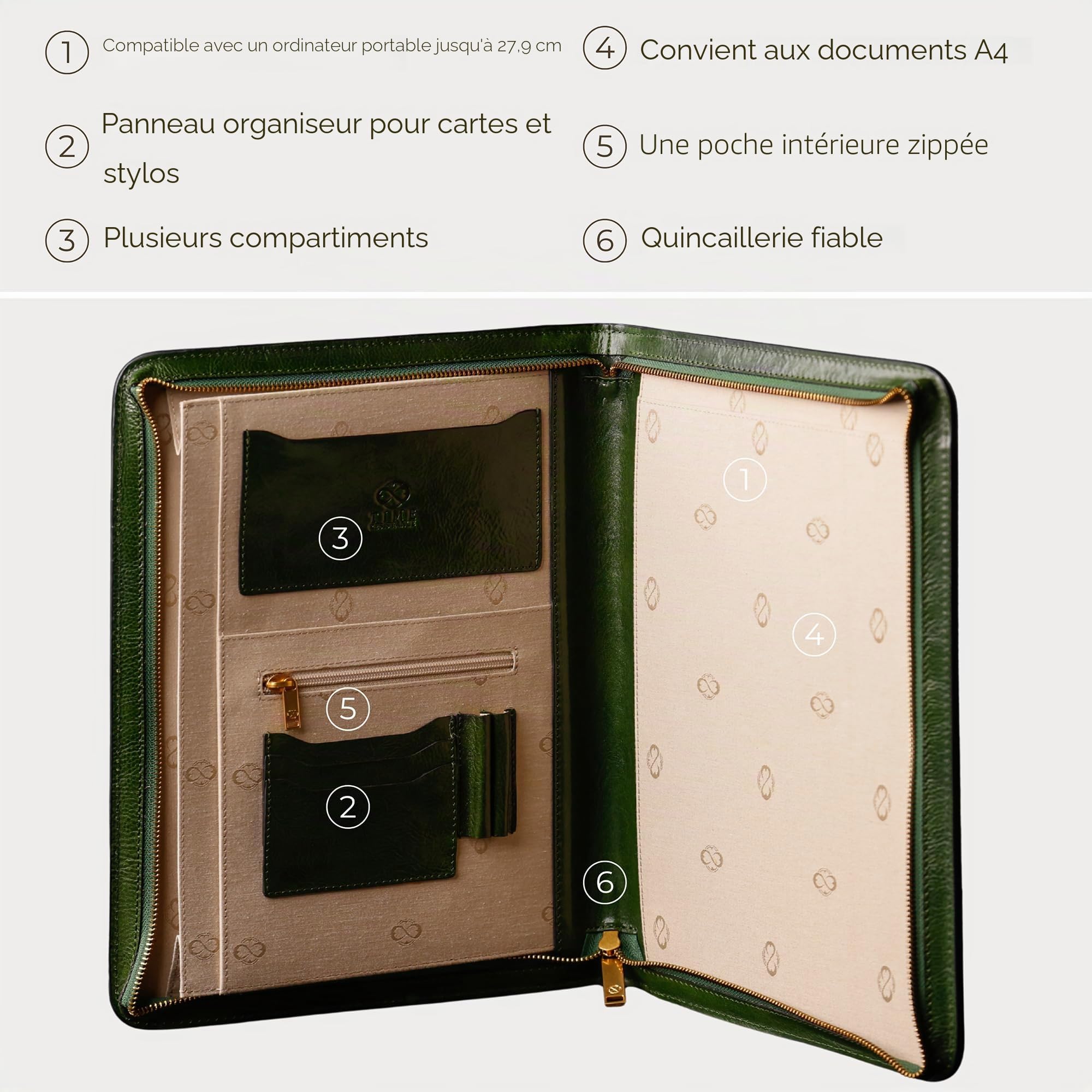 Time Resistance Portfolio en Cuir A4 - Conférencier - Porte Document - Multifonctionnel Dossier - Organiseur de Documents (Vert)