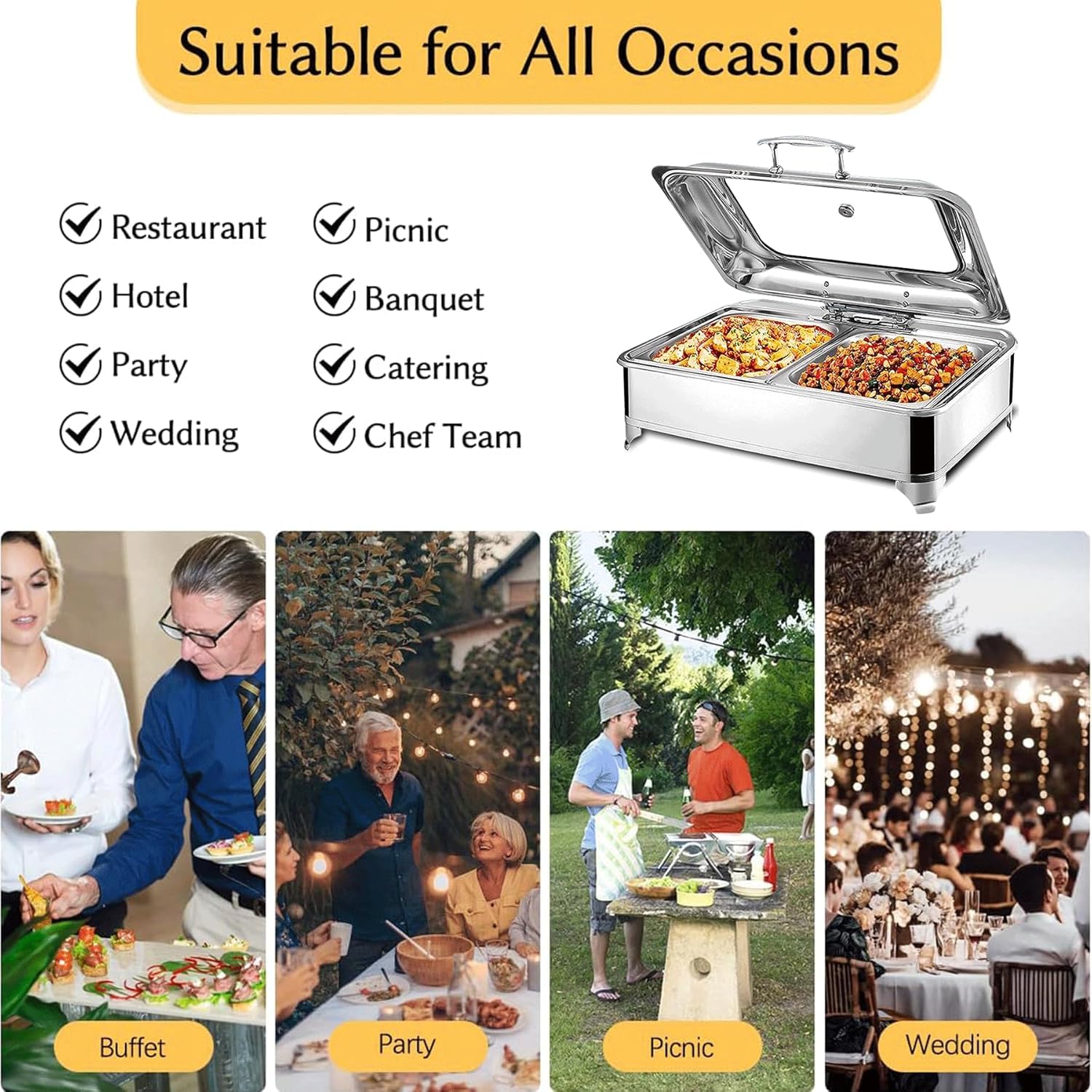 Chafing Dish Elettrico, 9L Scaldavivande Commerciale Contenitore Scalda Cibo Acciaio Inox con on Coperchio in Vetro Trasparente, Scaldavivande Elettrico per Buffet e Feste (GN1/1)