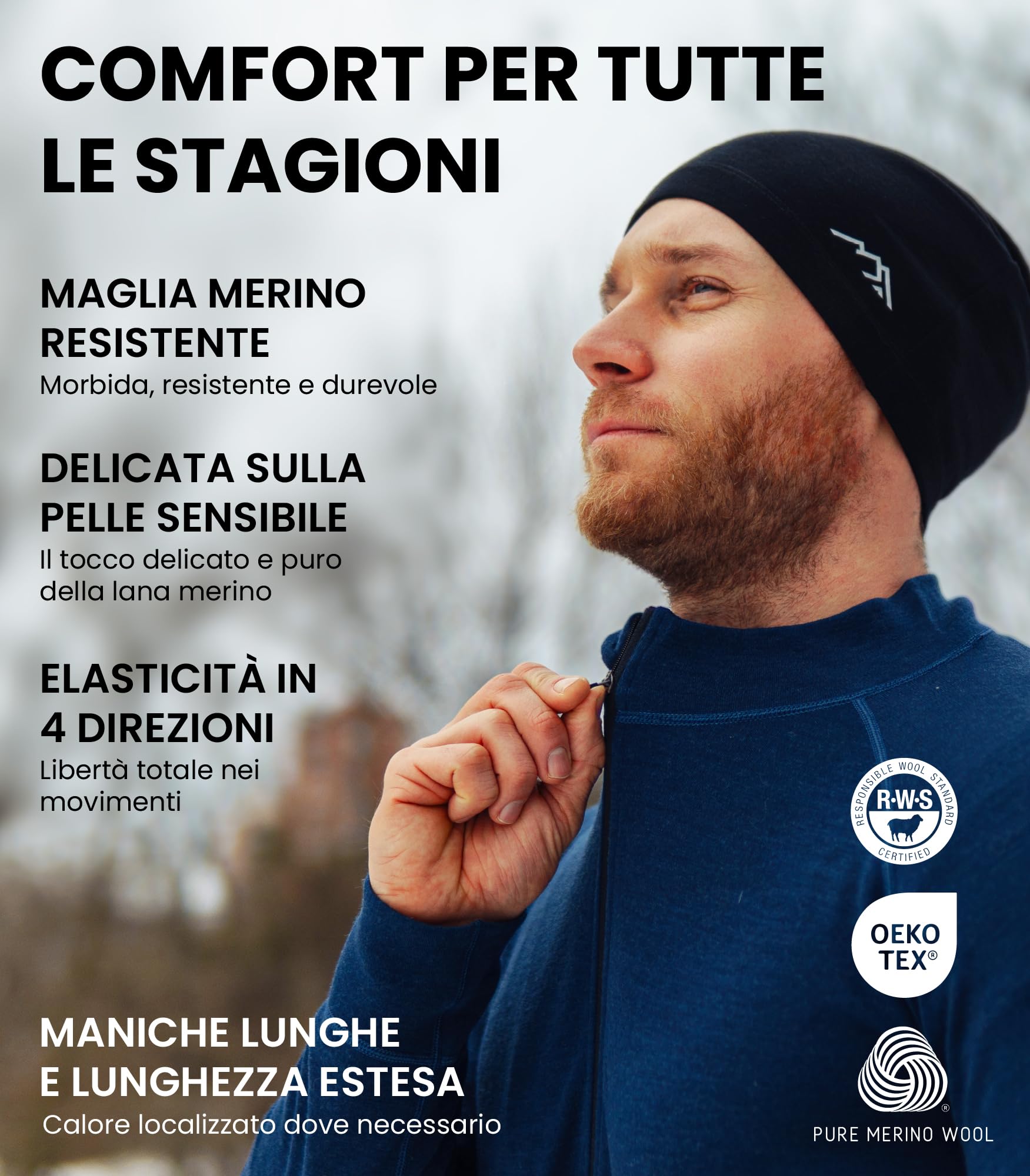 Merino.tech Maglione Lana Merino Uomo Mezza Zip - Intimo Termico Lana Merino Leggero, Medio, Pesante e Calzini