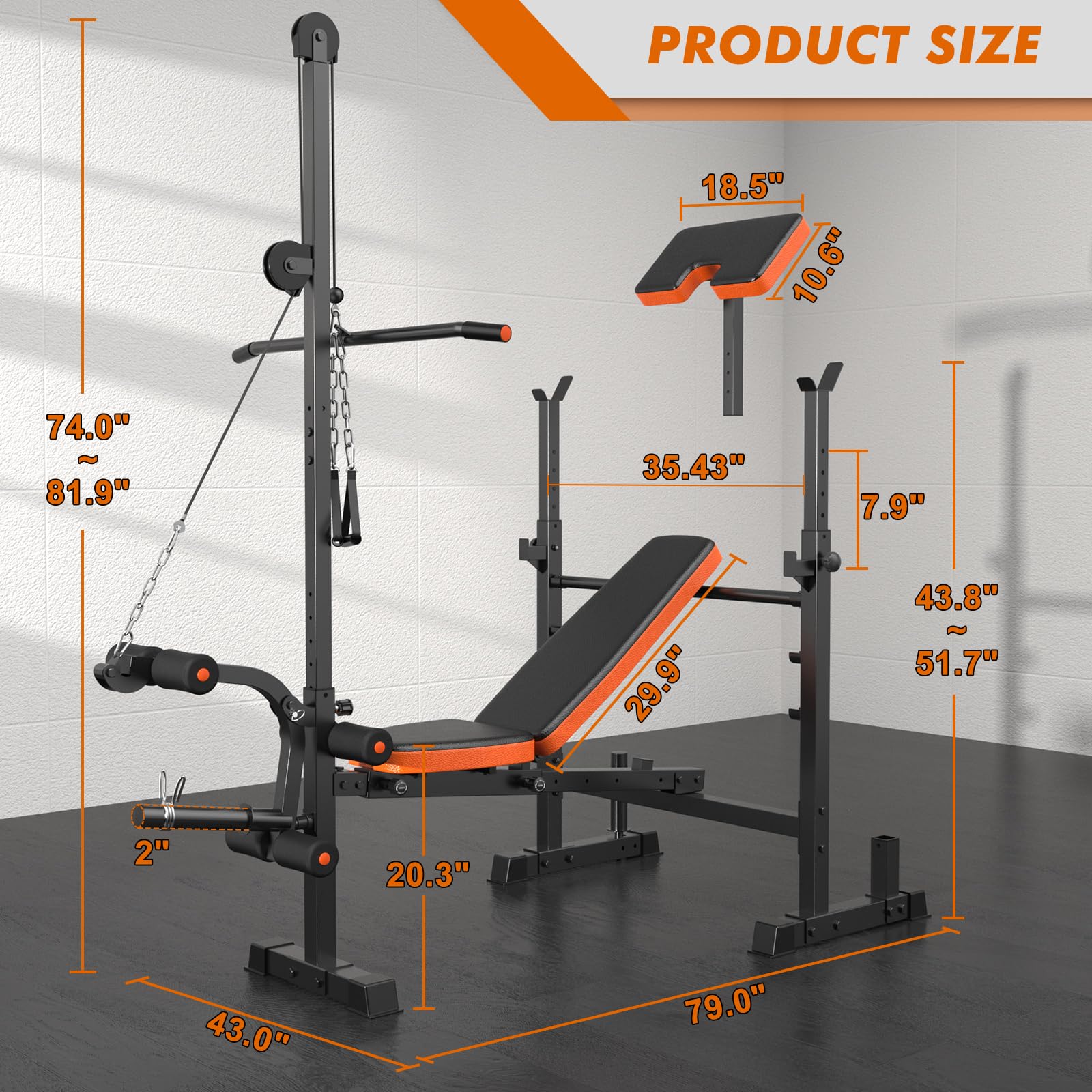 Bench Press Set, 880LBS Adjustable Weight Bench with Leg Extension and Preacher Curl Pad, 8 IN 1 Multi-Function Gym Bench with LAT Pulldown Pulley System, Full-Body Workout Home Gym Equipment