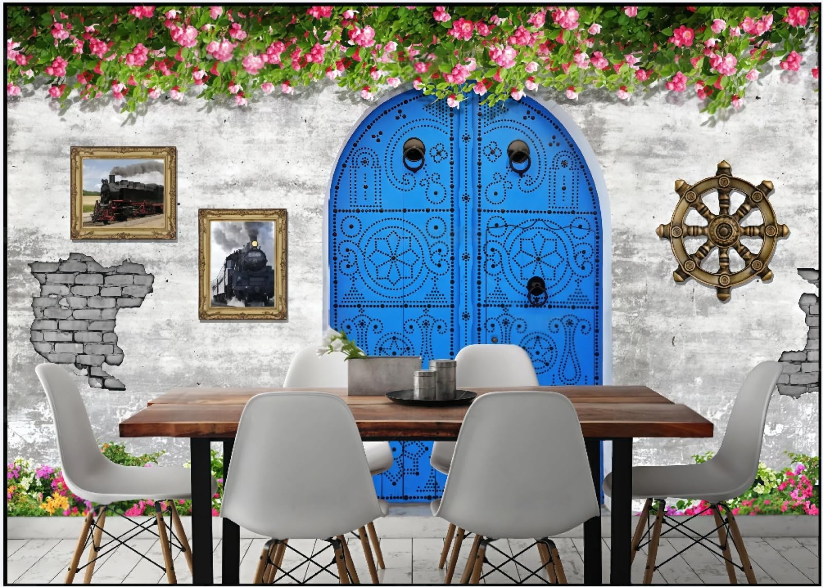 rskjdghshd Wallpaper Retro Nostalgic Cement Wall Blue Door Art Rose Flower Rose Background Wall Western Restaurant Wallpaper Drink Coffee Shop Mural,3D,250x175cm