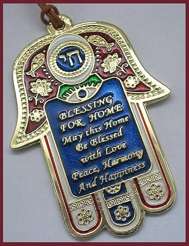 Hamsa colorida con bendición casera inglesa de Israel kabbalah protección contra el mal de ojo
