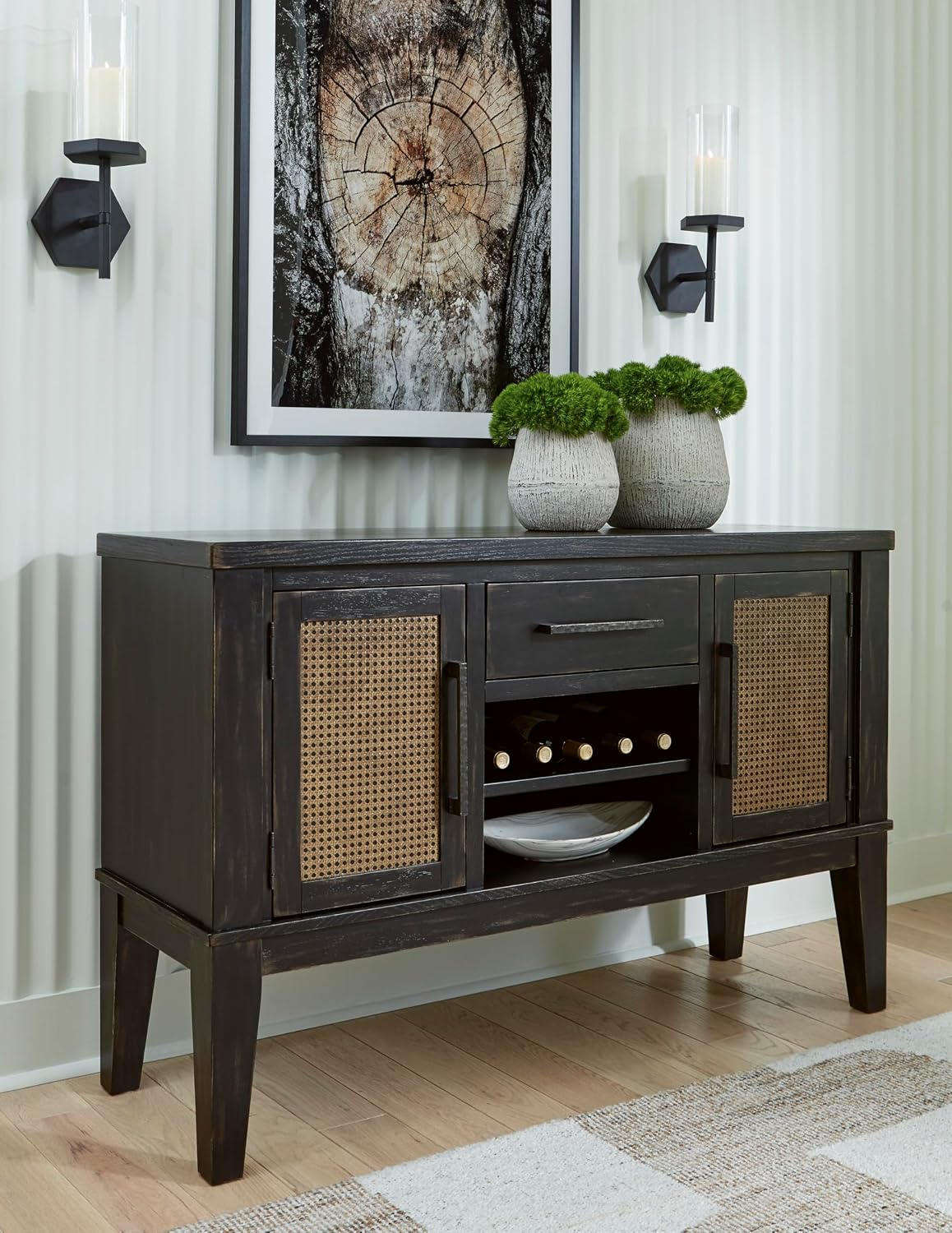 Signature Design by Ashley Galliden Urban 2-Door Dining Server with Reversible Wine Rack Shelf, Adjustable Shelves and Felt-Lined Drawer, Black & Light Brown