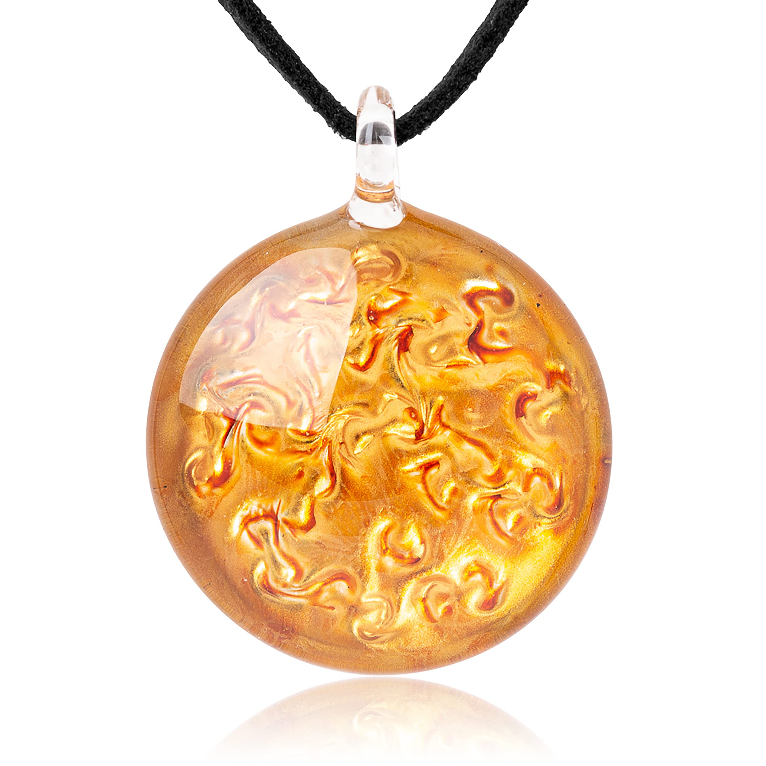 CHUVORA Hand Blown Glass Golden Flame Shimmering Art Round Pendant Necklace, 18 inches