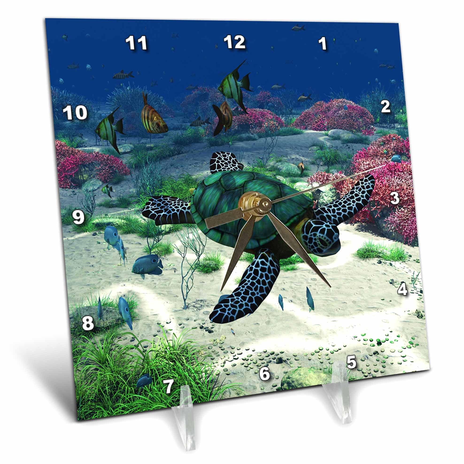 3dRose dc_172910_1 Sea Turtle Swims Through The Ocean with Tropic Fishes Corals and More-Desk Clock, 6 by 6-Inch