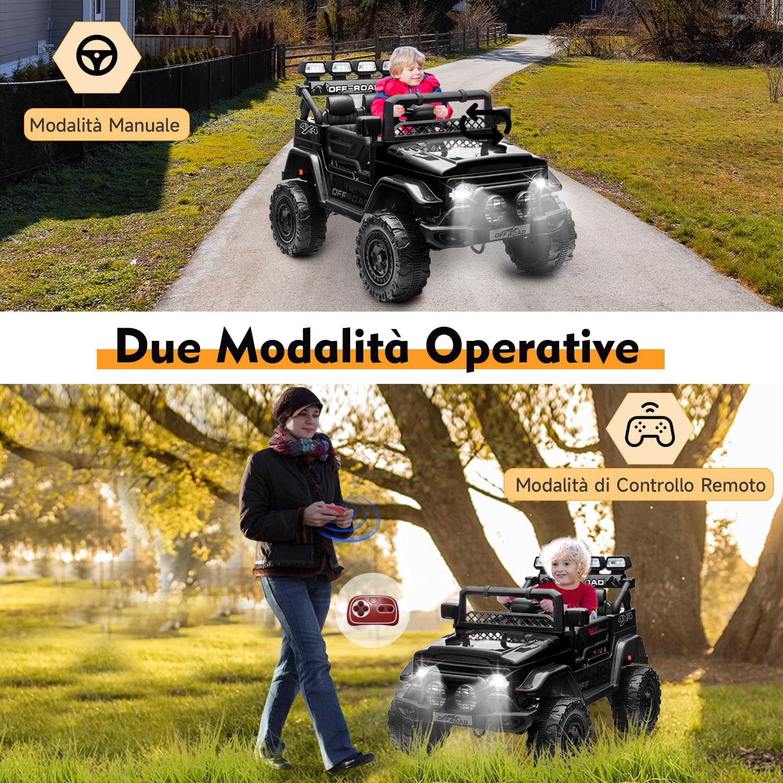 HAUSPROFI Macchina Elettrica per Bambini, 12V Macchina per Bambini, Jeep Elettrica per Bambini con Telecomando 2.4G, LED, Bluetooth, Musica, 5 km/h Max, Auto Elettrica per Bambini per 3 anni+, Nero