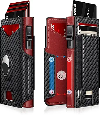 Airtag Wallet for Men, Minimalist Slim Mens Wallet Smart Pop Up Credit Card Holder for 9-13 Cards, RFID Blocking Wallet with ID Window & Cash Slot, Compact Bifold Metal Aluminum Card Case