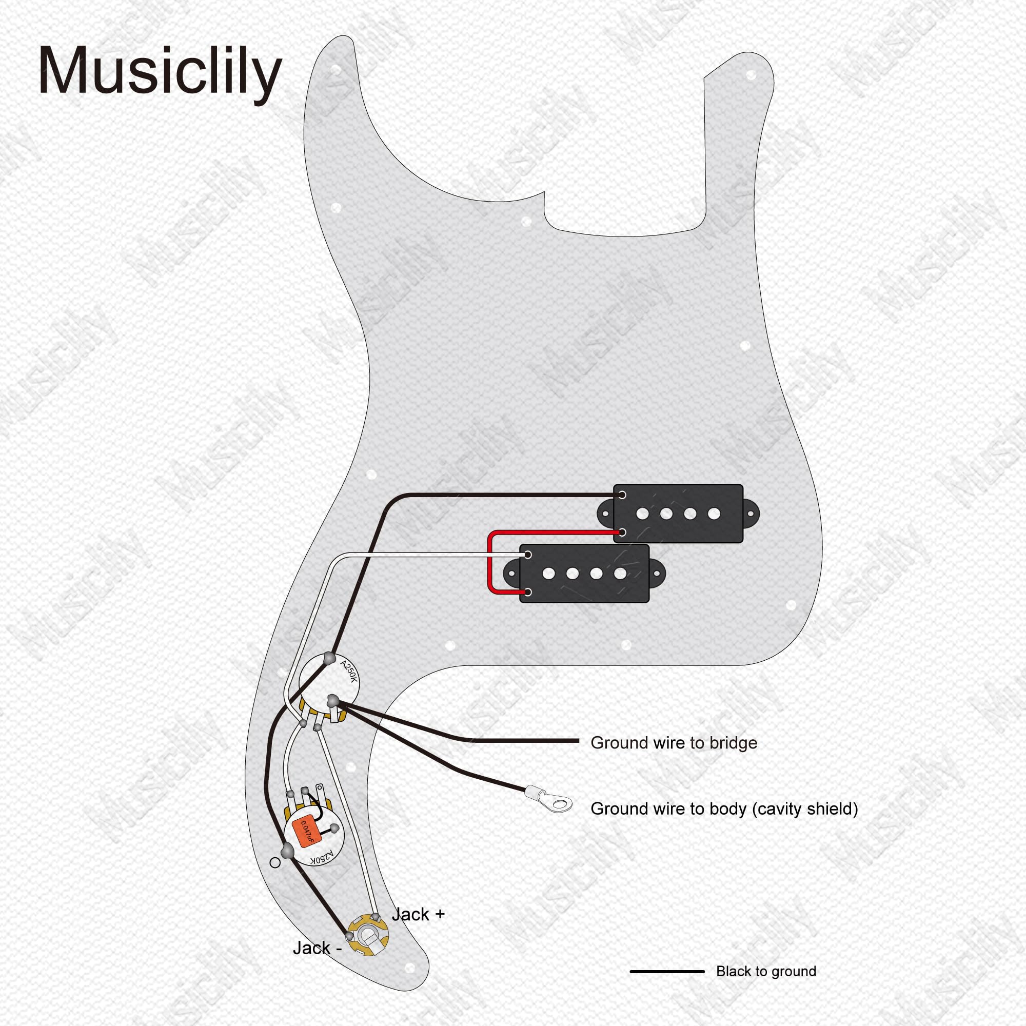 Musiclily Pro Kit de Arnés Cableado Precableado para Bajo Eléctrico Precision Bass estilo Americano con Potenciómetros 2A, Jack Nickel